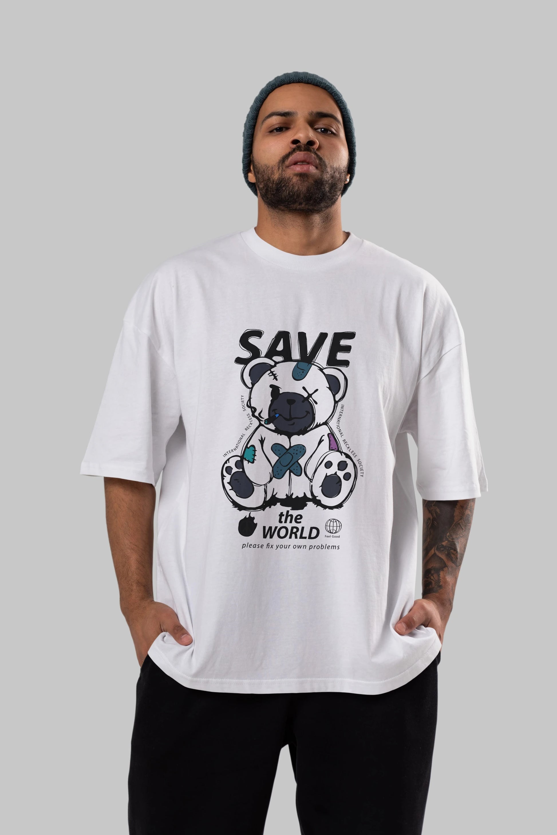Save the World Bear Ön Baskılı Oversize t-shirt Erkek Kadın Unisex