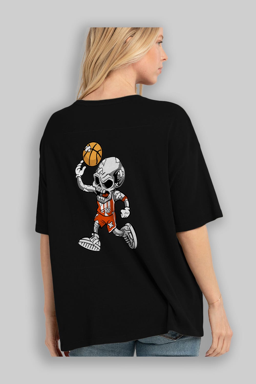 Skull Basketball Arka Baskılı Oversize t-shirt Erkek Kadın Unisex %100 Pamuk tişort