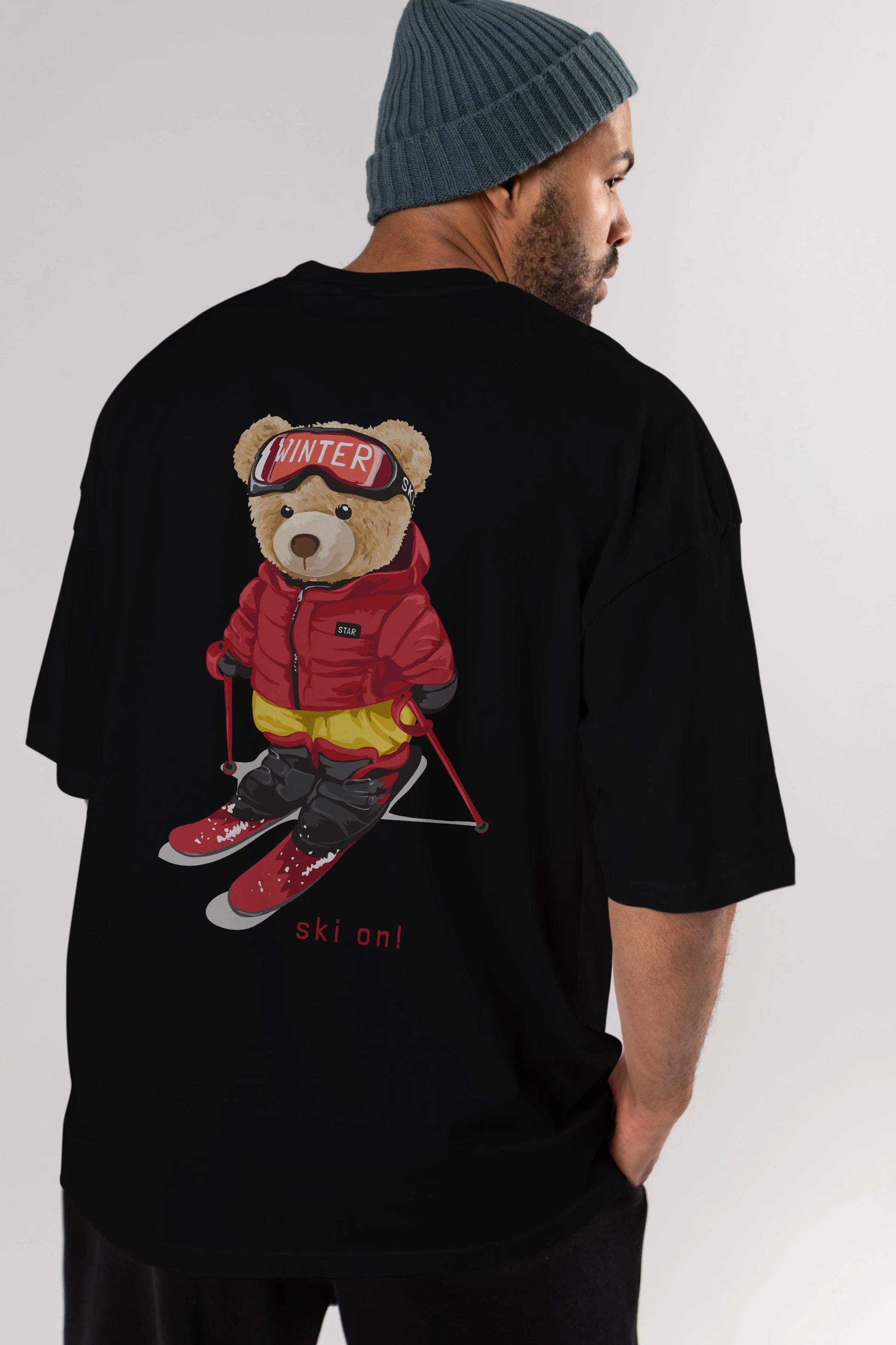 Teddy Bear Ski On Arka Baskılı Oversize t-shirt Erkek Kadın Unisex %100 Pamuk