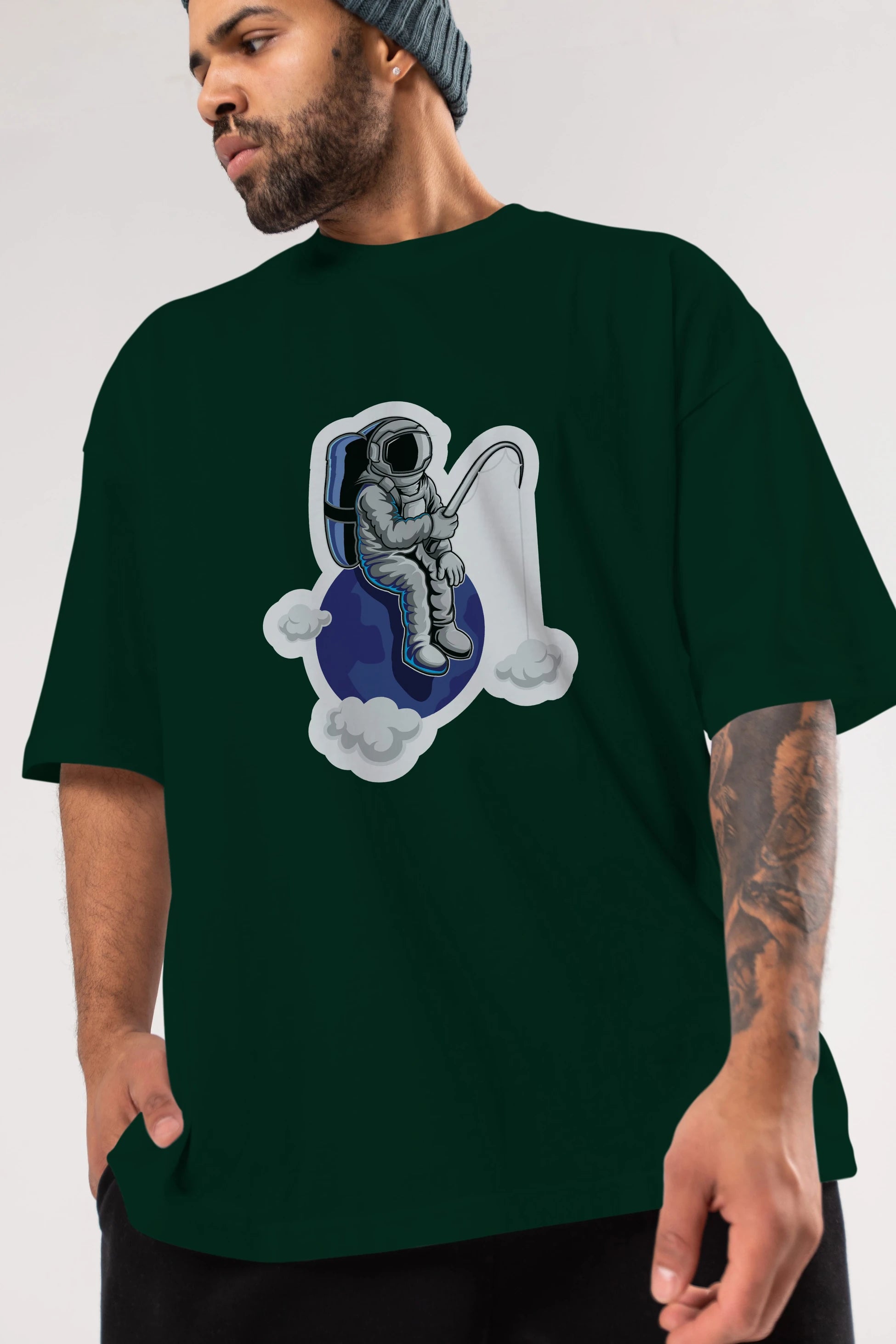 Astronaut Fishing Sticker Ön Baskılı Oversize t-shirt Erkek Kadın Unisex