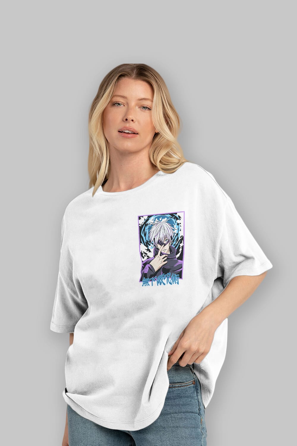 SATORU GOJO 3 Ön Sol Baskılı Oversize t-shirt Erkek Kadın Unisex %100 Pamuk Bisiklet Yaka tişort