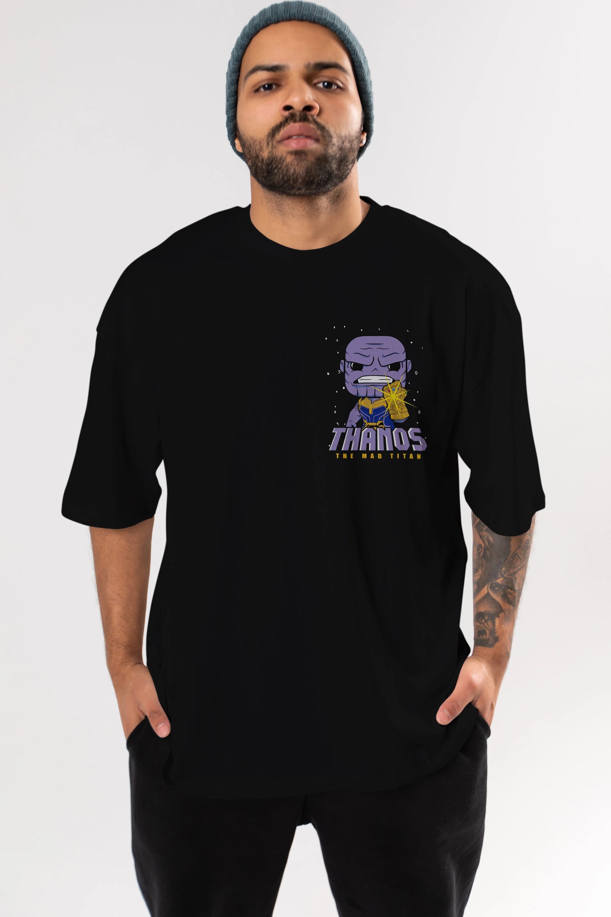 Thanos (1) Ön Sol Baskılı Oversize t-shirt Erkek Kadın Unisex %100 Pamuk Bisiklet Yaka tişort
