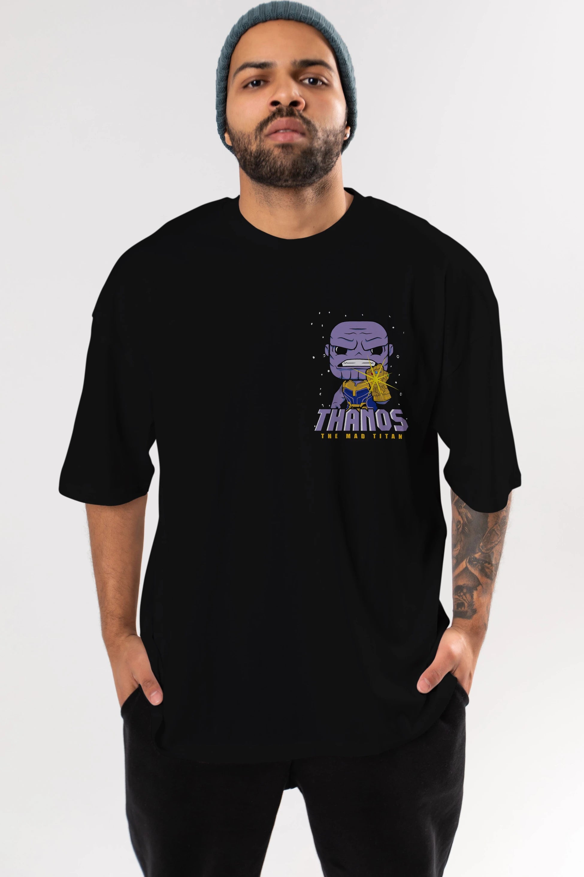 Thanos (1) Ön Sol Baskılı Oversize t-shirt Erkek Kadın Unisex %100 Pamuk Bisiklet Yaka tişort