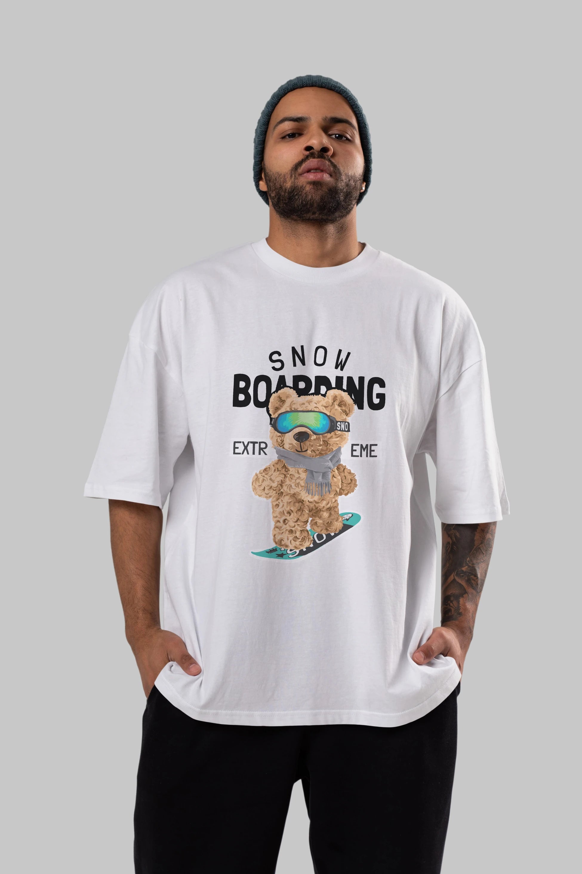 Teddy Bear Snow Boarding Ön Baskılı Oversize t-shirt Erkek Kadın Unisex %100 Pamuk