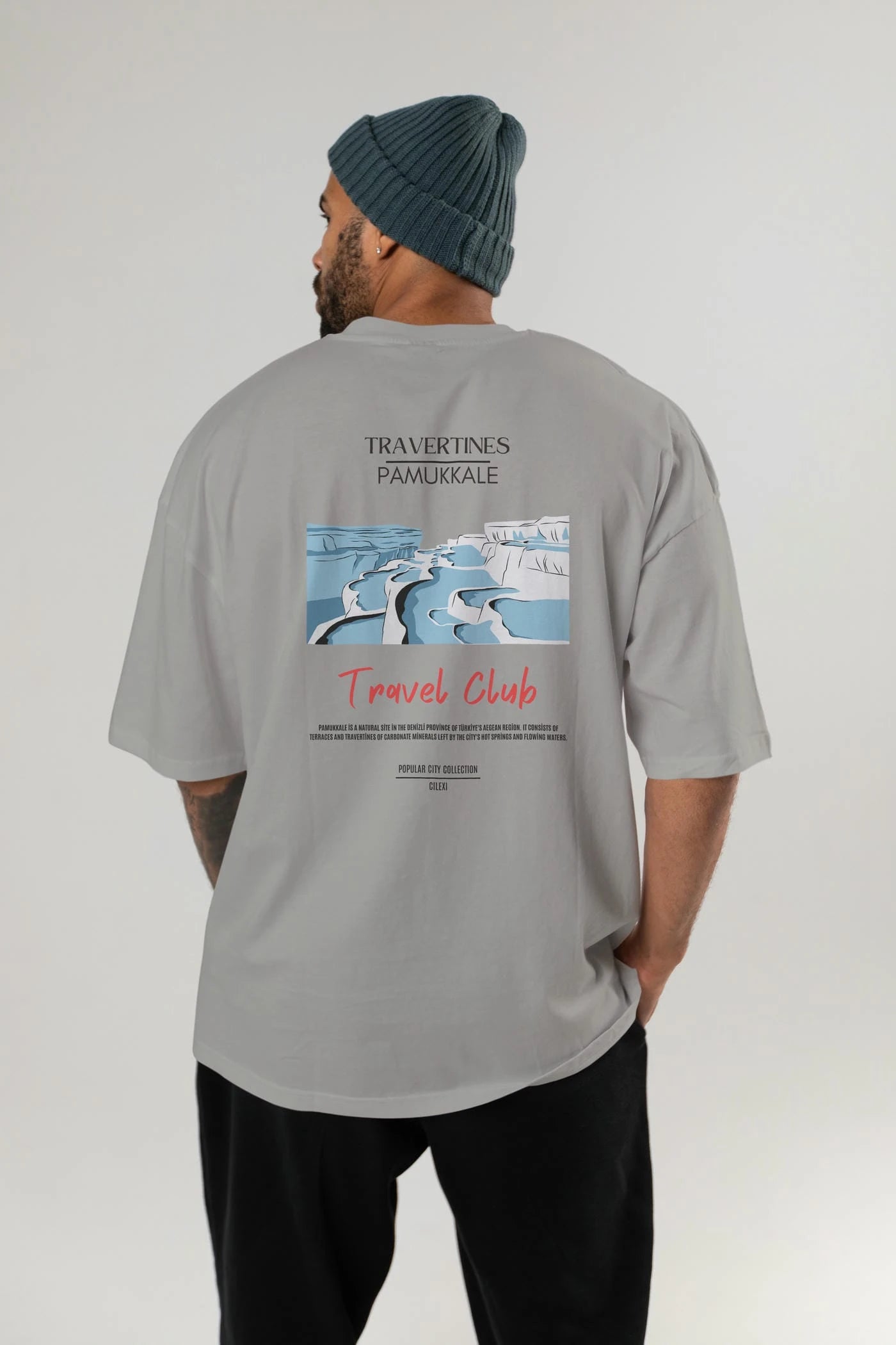 Travertines Pamukkale Arka Baskılı Oversize t-shirt Erkek Kadın Pamuk Bisiklet Yaka tişort