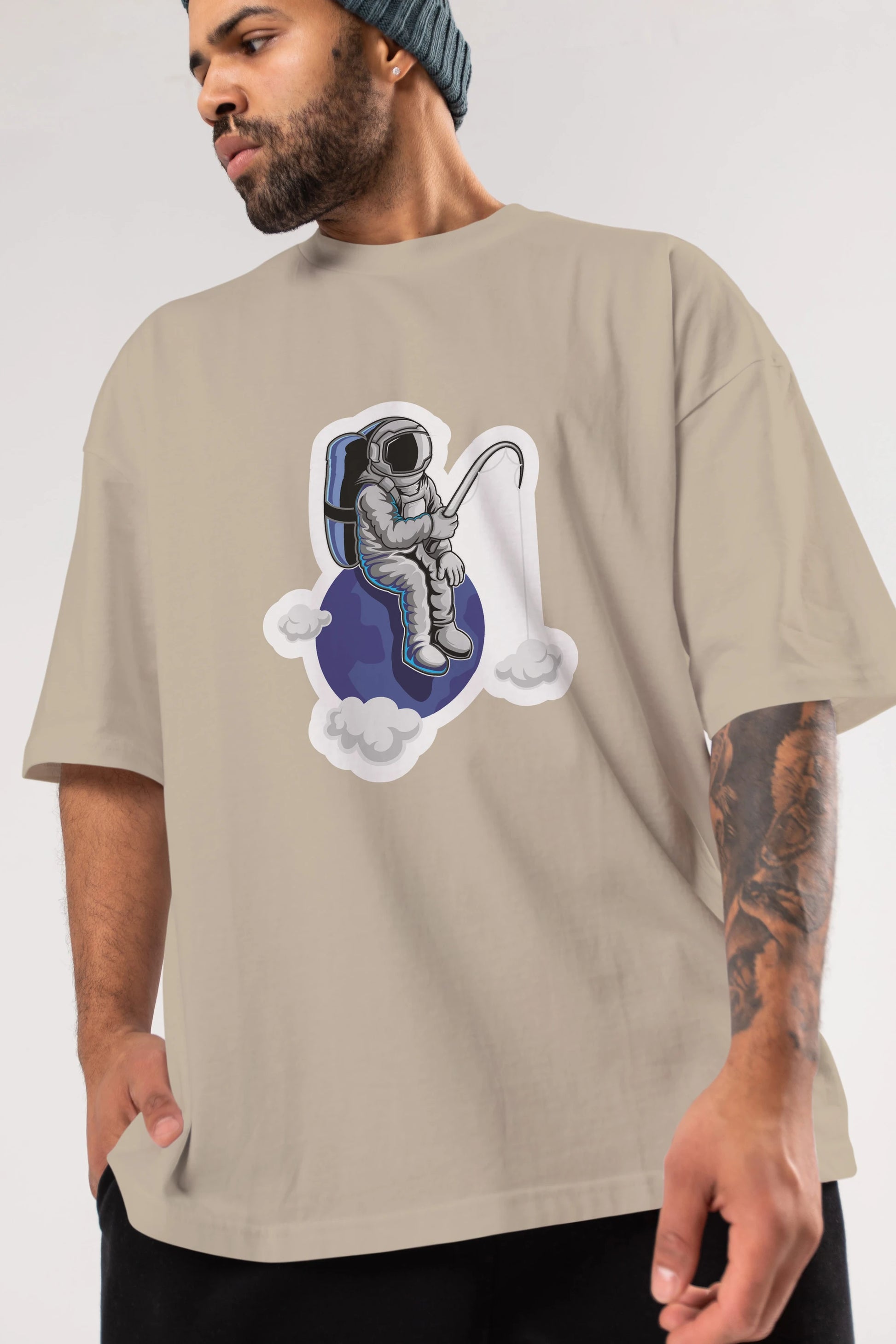 Astronaut Fishing Sticker Ön Baskılı Oversize t-shirt Erkek Kadın Unisex