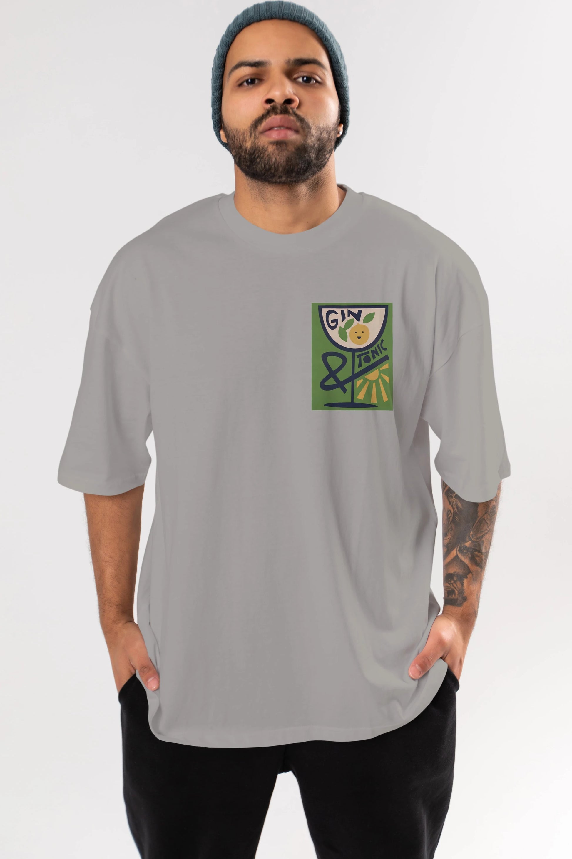 Gin Tonic 3 Ön Sol Baskılı Oversize t-shirt Erkek Kadın Unisex %100 Pamuk Bisiklet Yaka tişort