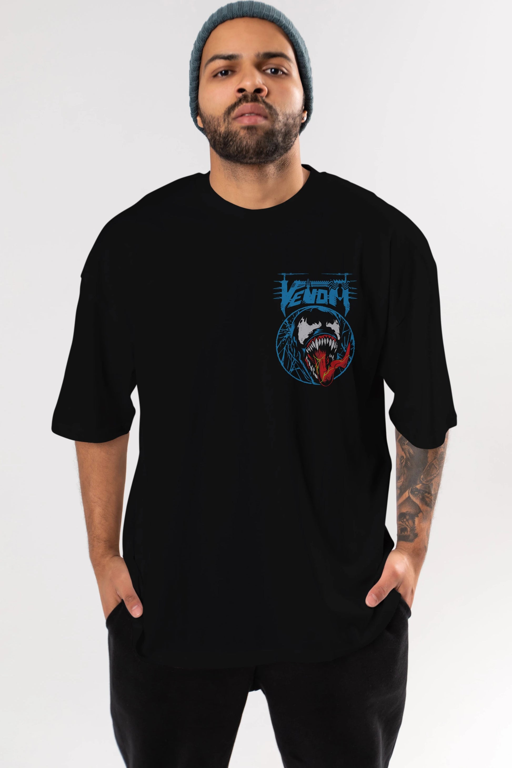 Venom (23) Ön Sol Baskılı Oversize t-shirt Erkek Kadın Unisex %100 Pamuk Bisiklet Yaka tişort