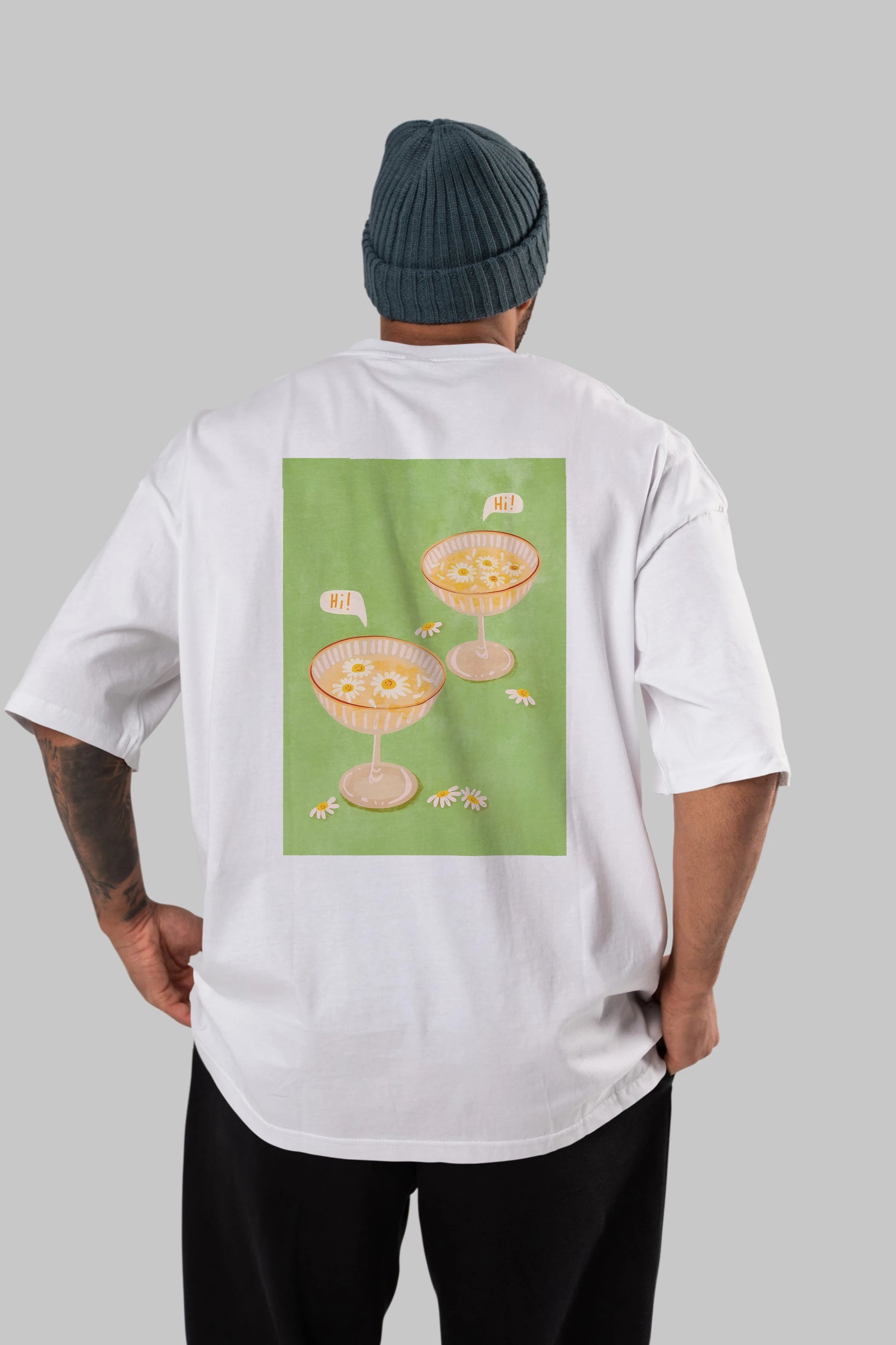 Hi Cheers Arka Baskılı Oversize t-shirt Erkek Kadın Unisex %100 Pamuk Bisiklet Yaka tişort