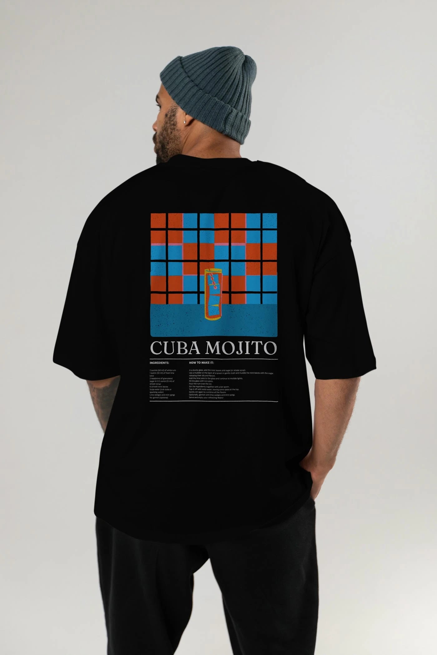 Cuba Mojıto Kokteyl Serisi Arka Baskılı Oversize t-shirt Erkek Kadın %100 Pamuk Bisiklet Yaka tişort
