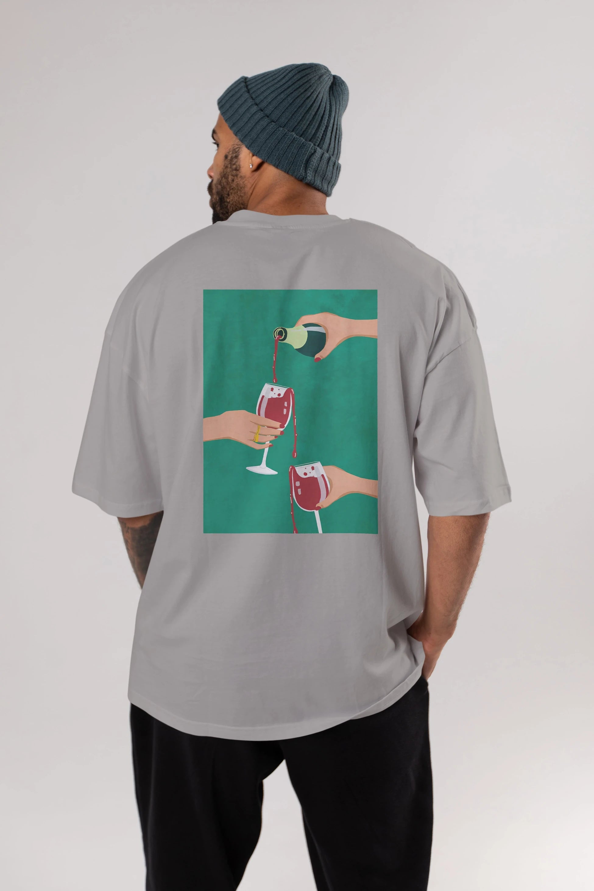 Wine 2 Arka Baskılı Oversize t-shirt Erkek Kadın Unisex %100 Pamuk Bisiklet Yaka tişort