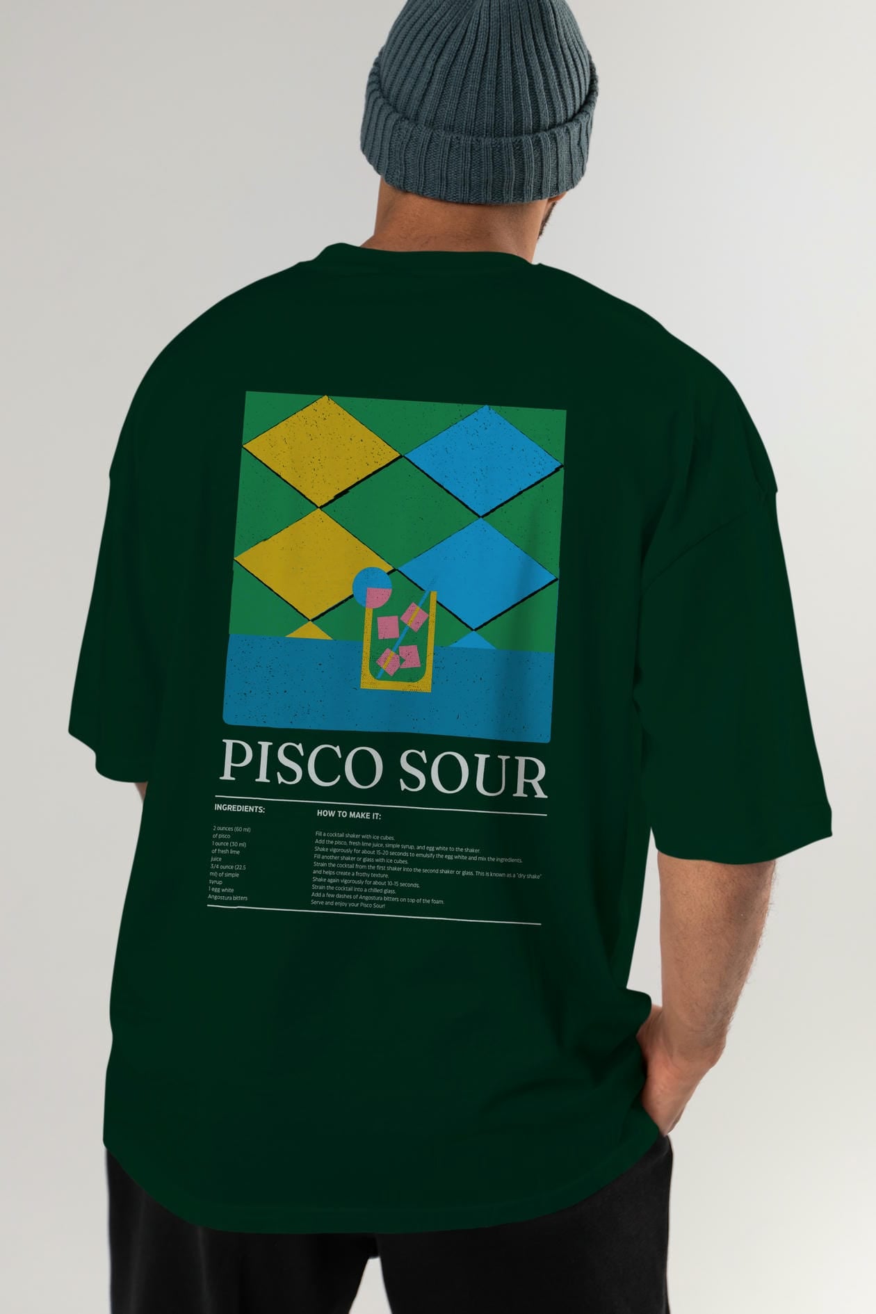Pisco Sour Kokteyl Serisi Arka Baskılı Oversize t-shirt Erkek Kadın %100 Pamuk Bisiklet Yaka tişort