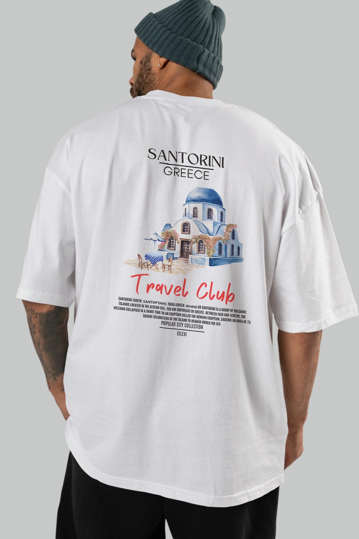 Santorini Greece Arka Baskılı Oversize t-shirt Erkek Kadın Pamuk Bisiklet Yaka tişort