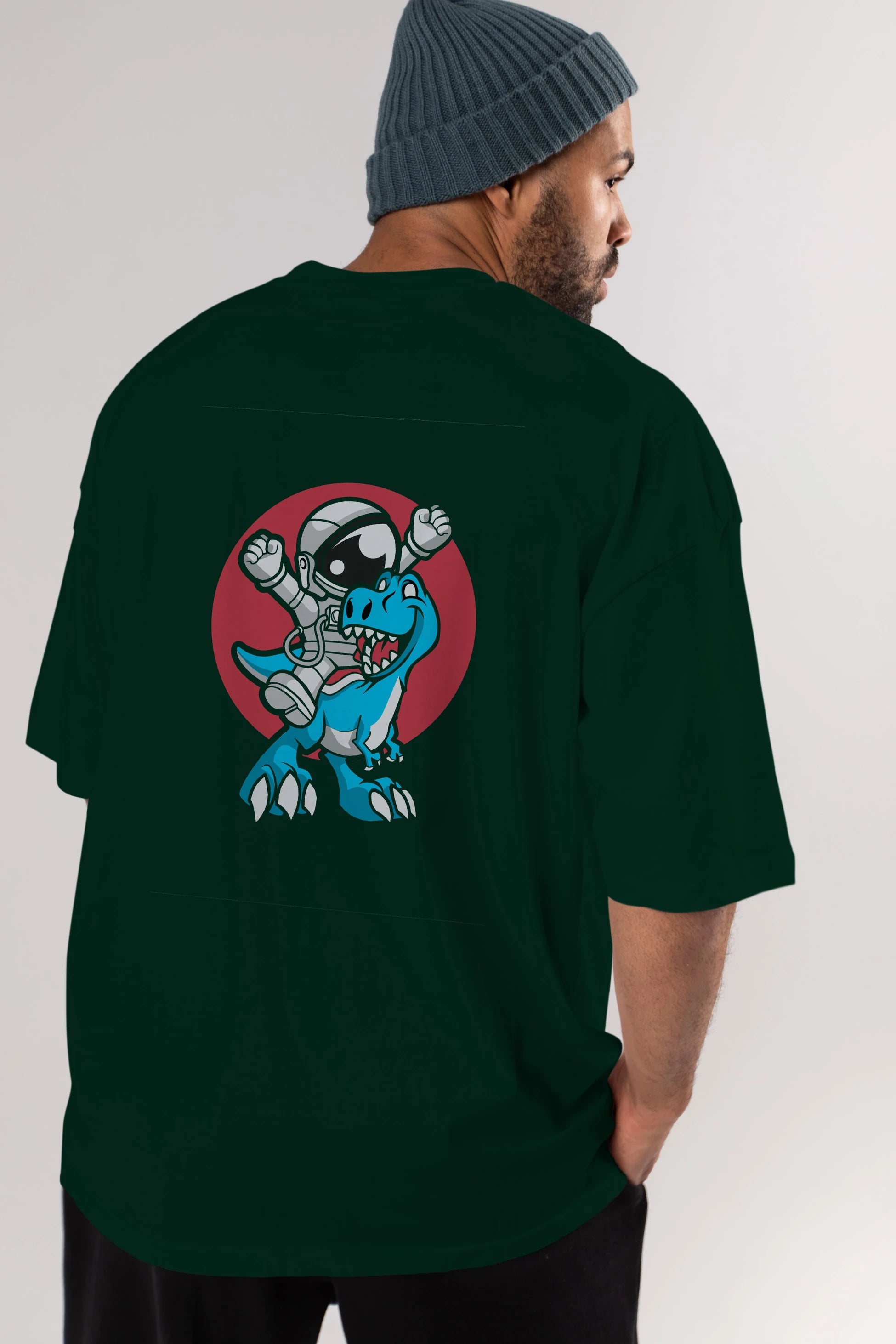 Astronaut Dino Arka Baskılı Oversize t-shirt Erkek Kadın Unisex %100 Pamuk tişort