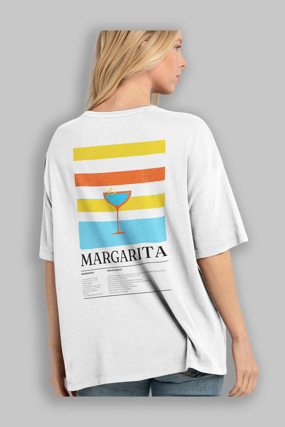 Margarita Kokteyl Serisi Arka Baskılı Oversize t-shirt Erkek Kadın %100 Pamuk Bisiklet Yaka tişort