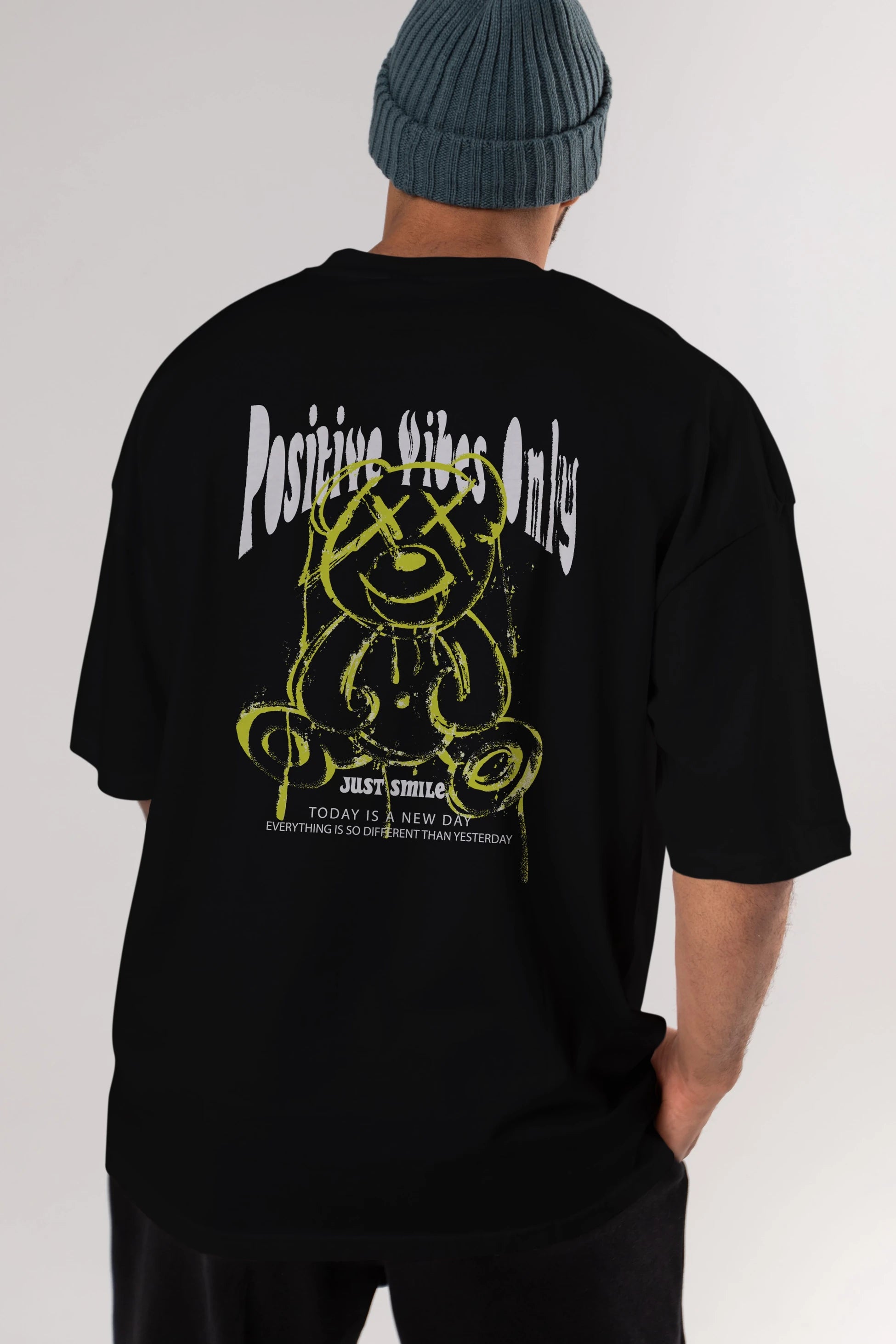 Positive Vibes Only Bear Arka Baskılı Oversize t-shirt Erkek Kadın Unisex