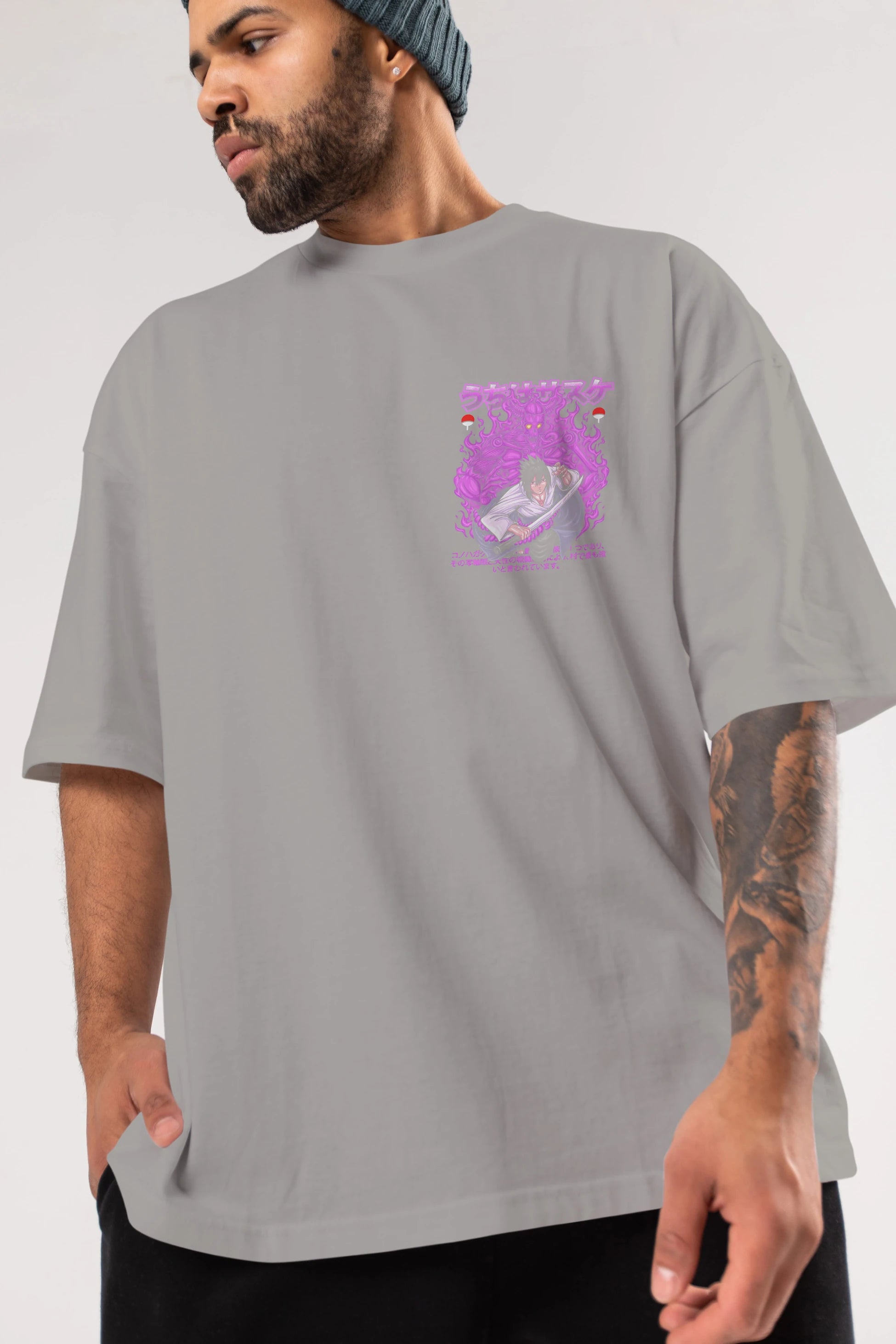 SASUKE UCHIHA NARUTO Ön Sol Baskılı Oversize t-shirt Erkek Kadın Unisex %100 Pamuk Bisiklet Yaka tişort