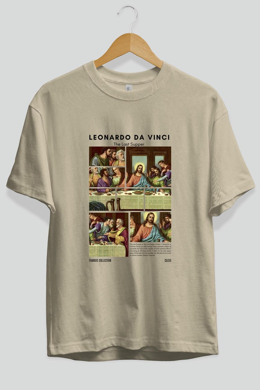 Leonardo Da Vinci ön Baskılı Oversize t-shirt Erkek Kadın Bisiklet Yaka Pamuk tişort