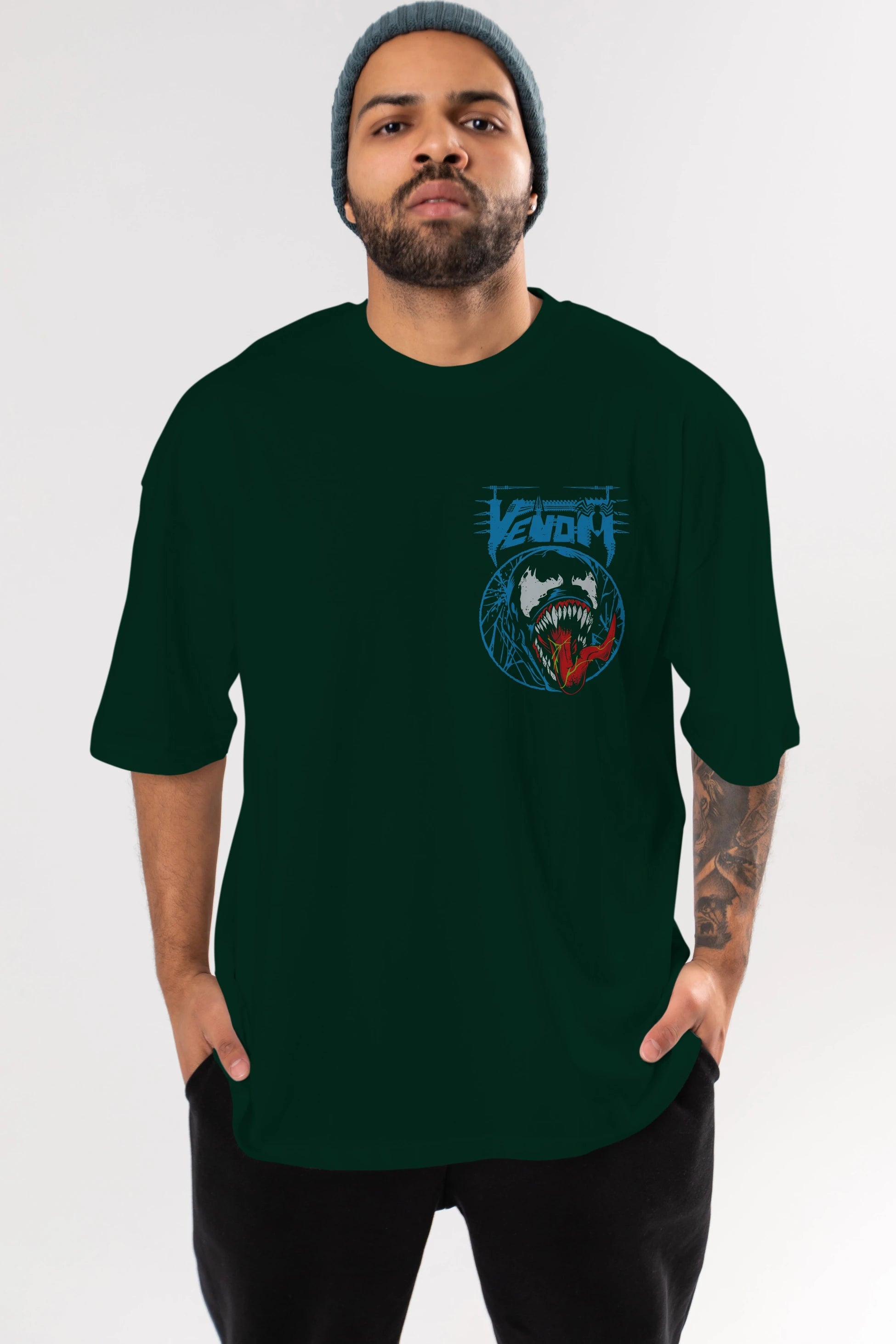 Venom (23) Ön Sol Baskılı Oversize t-shirt Erkek Kadın Unisex %100 Pamuk Bisiklet Yaka tişort