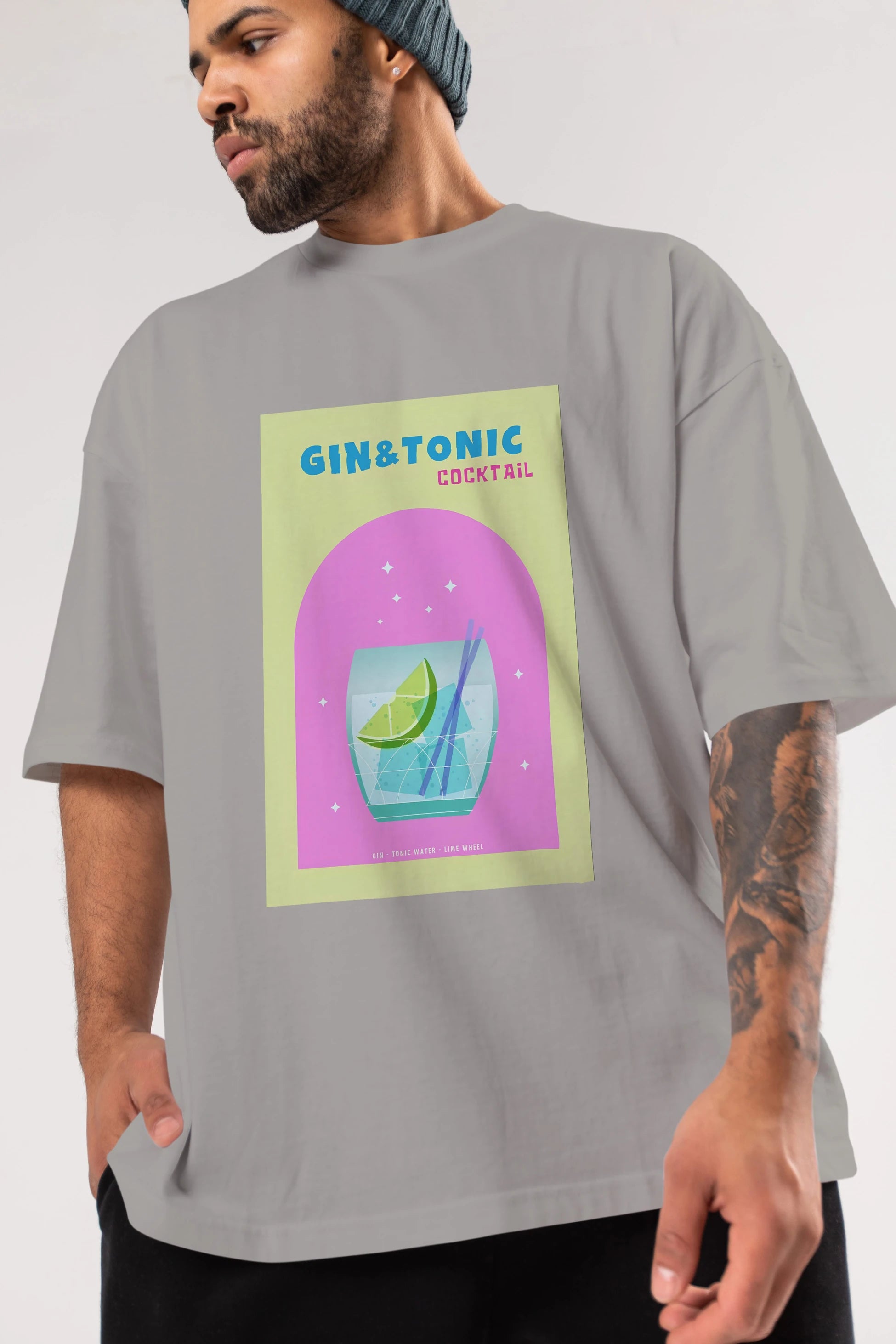 Gin Tonic Cocktail Ön Baskılı Oversize t-shirt Erkek Kadın Unisex %100 Pamuk Bisiklet Yaka tişort