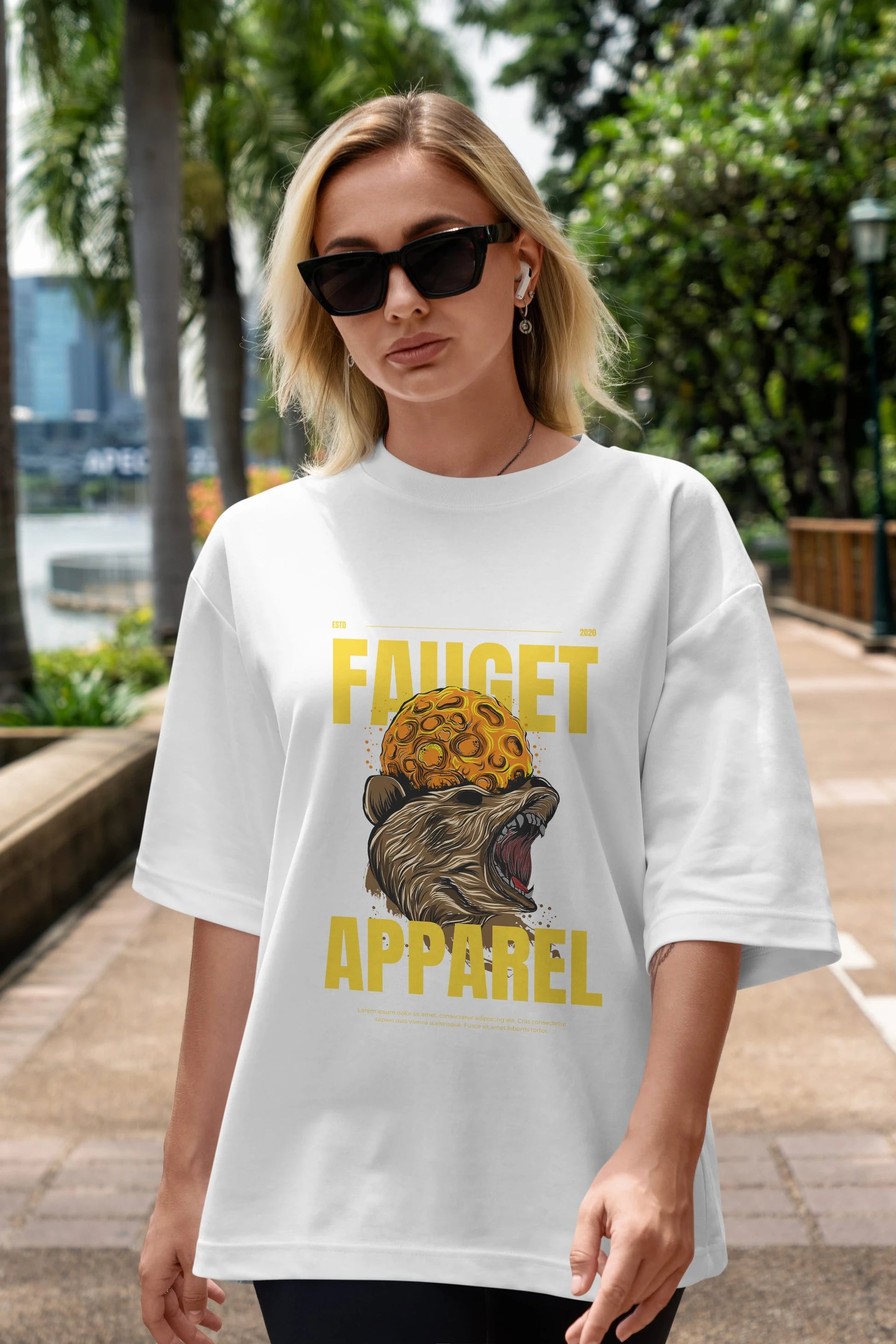 Bear Angry Fauget Apparel Ön Baskılı Oversize t-shirt Erkek Kadın Unisex