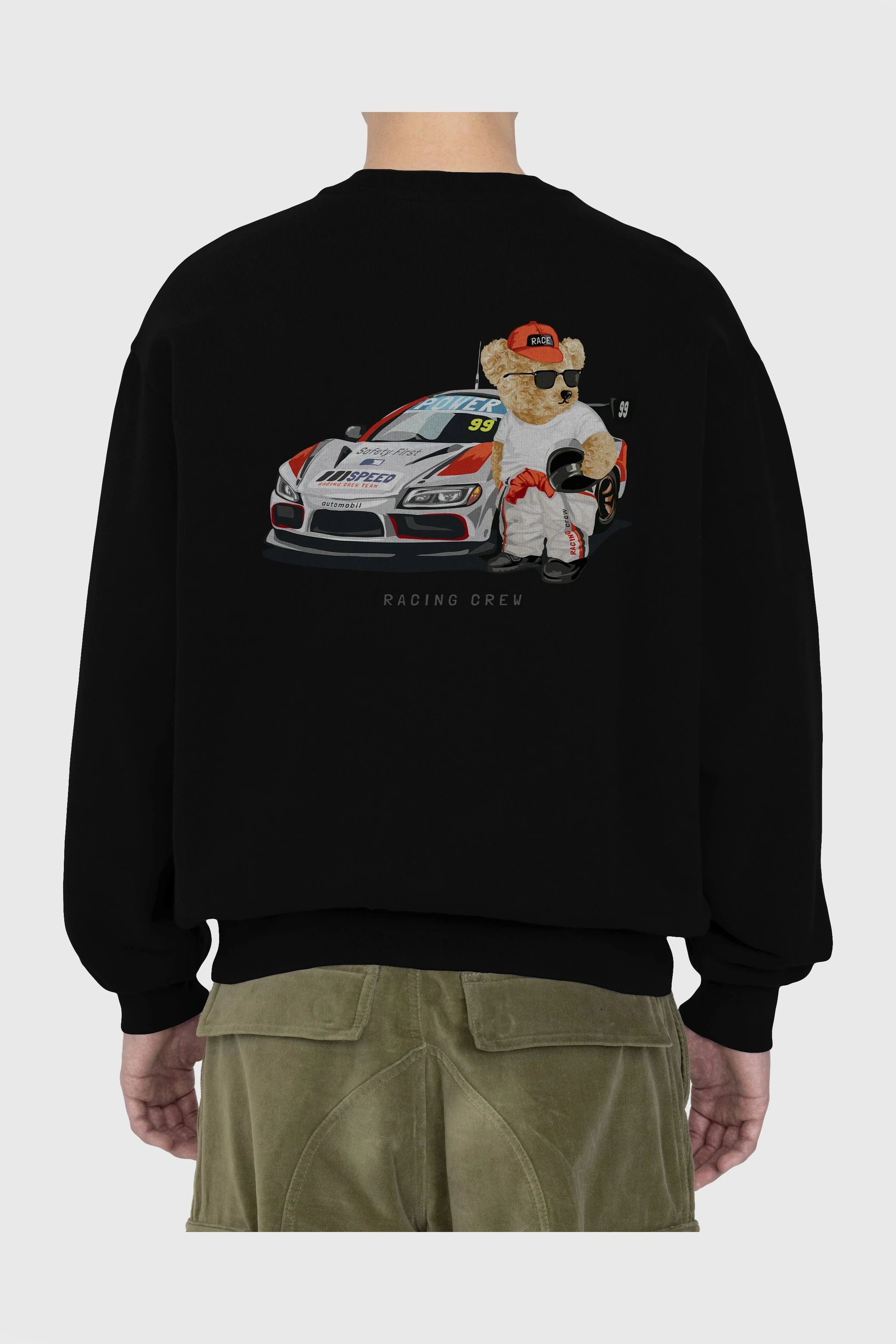 Teddy Bear Racing Crew Arka Baskılı Oversize Sweatshirt Erkek Kadın Unisex