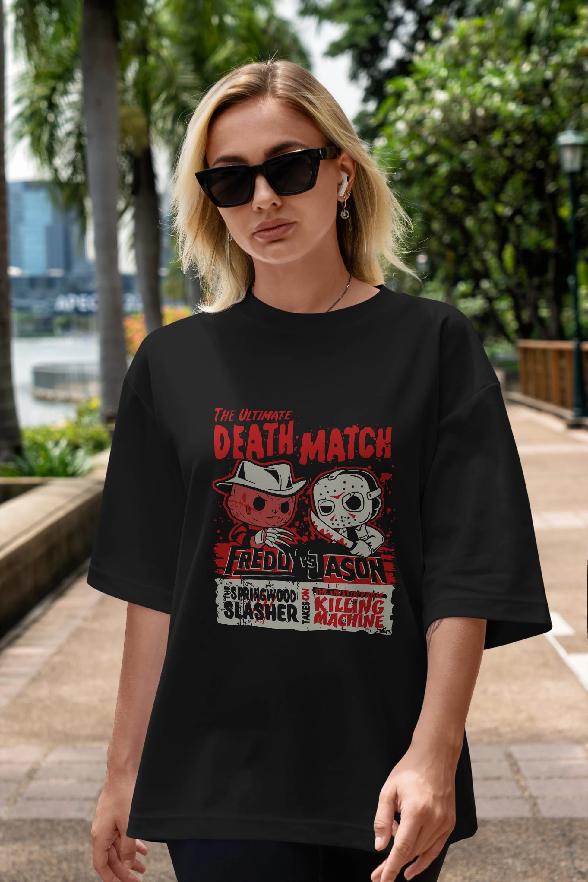 Freddy vs Jason Ön Baskılı Oversize t-shirt Erkek Kadın Unisex %100 Pamuk Bisiklet Yaka tişort