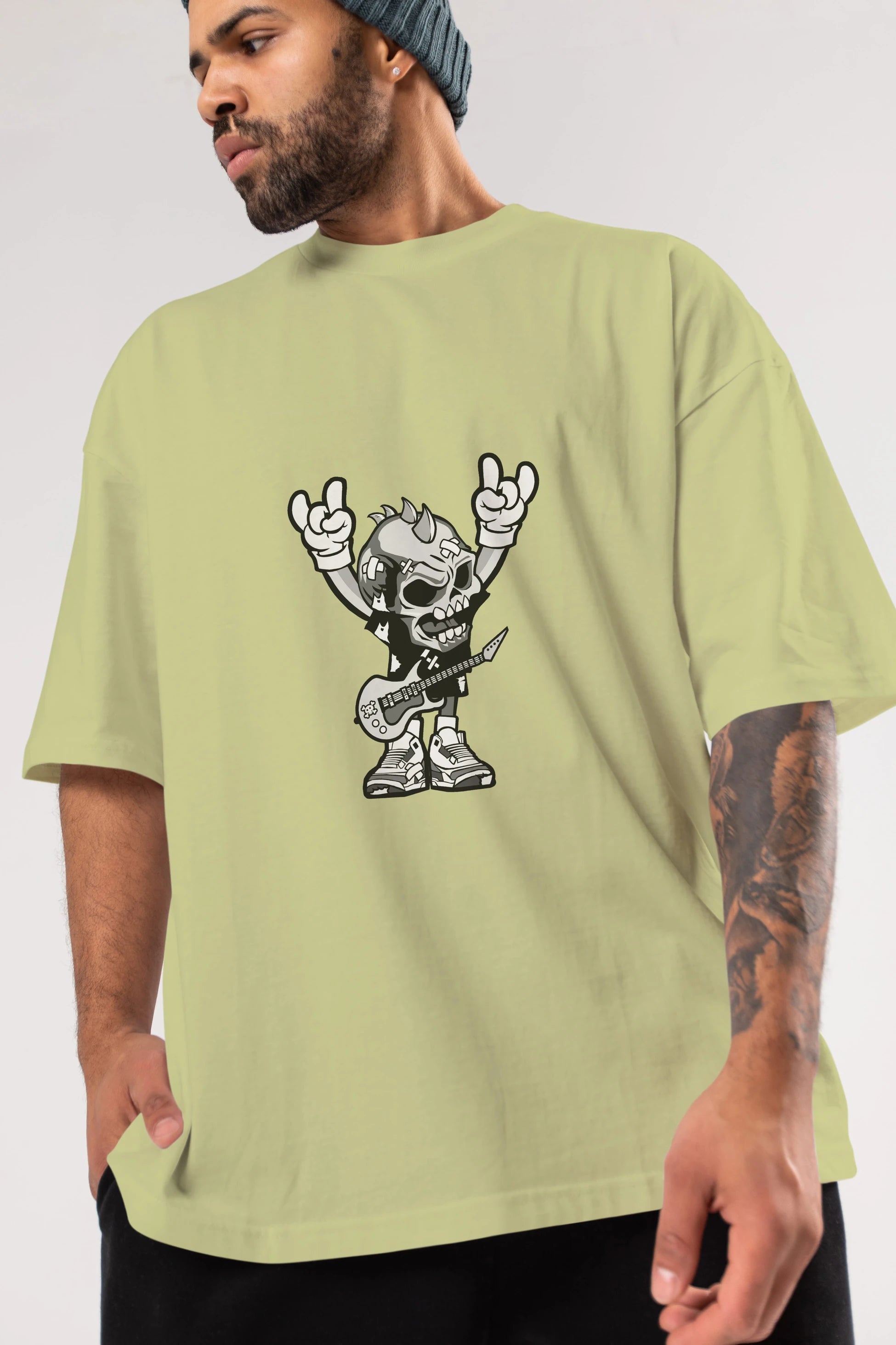 Punk Rock Skull Ön Baskılı Oversize t-shirt Erkek Kadın Unisex %100 Pamuk tişort