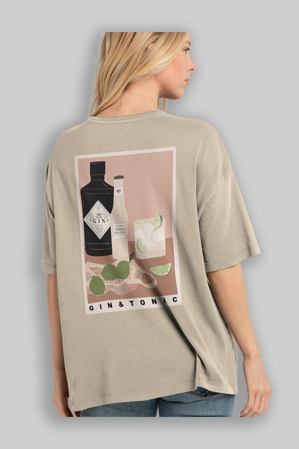 Gin Tonic Arka Baskılı Oversize t-shirt Erkek Kadın Unisex %100 Pamuk Bisiklet Yaka tişort