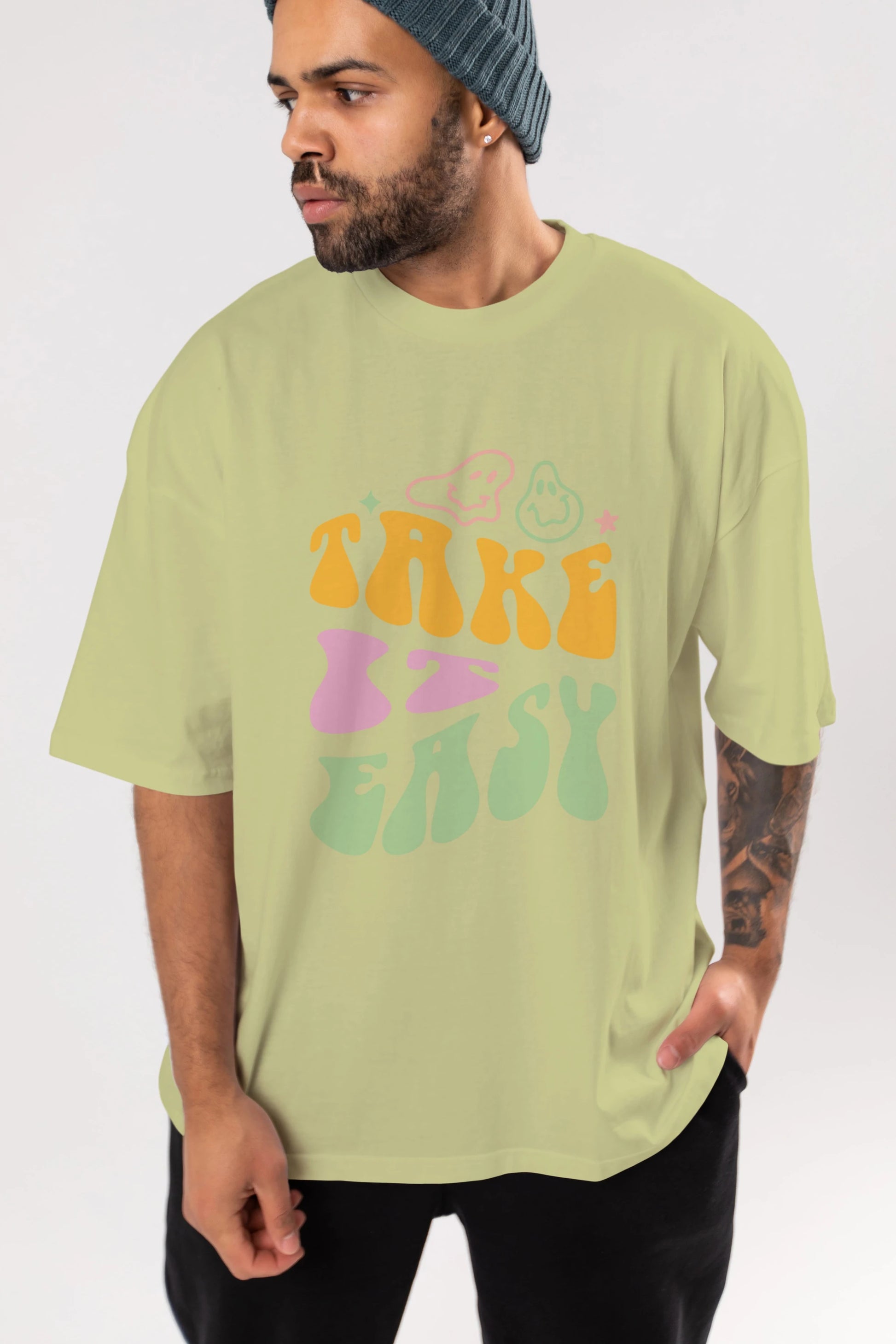 Take it Easy Yazılı Ön Baskılı Oversize t-shirt Erkek Kadın Unisex
