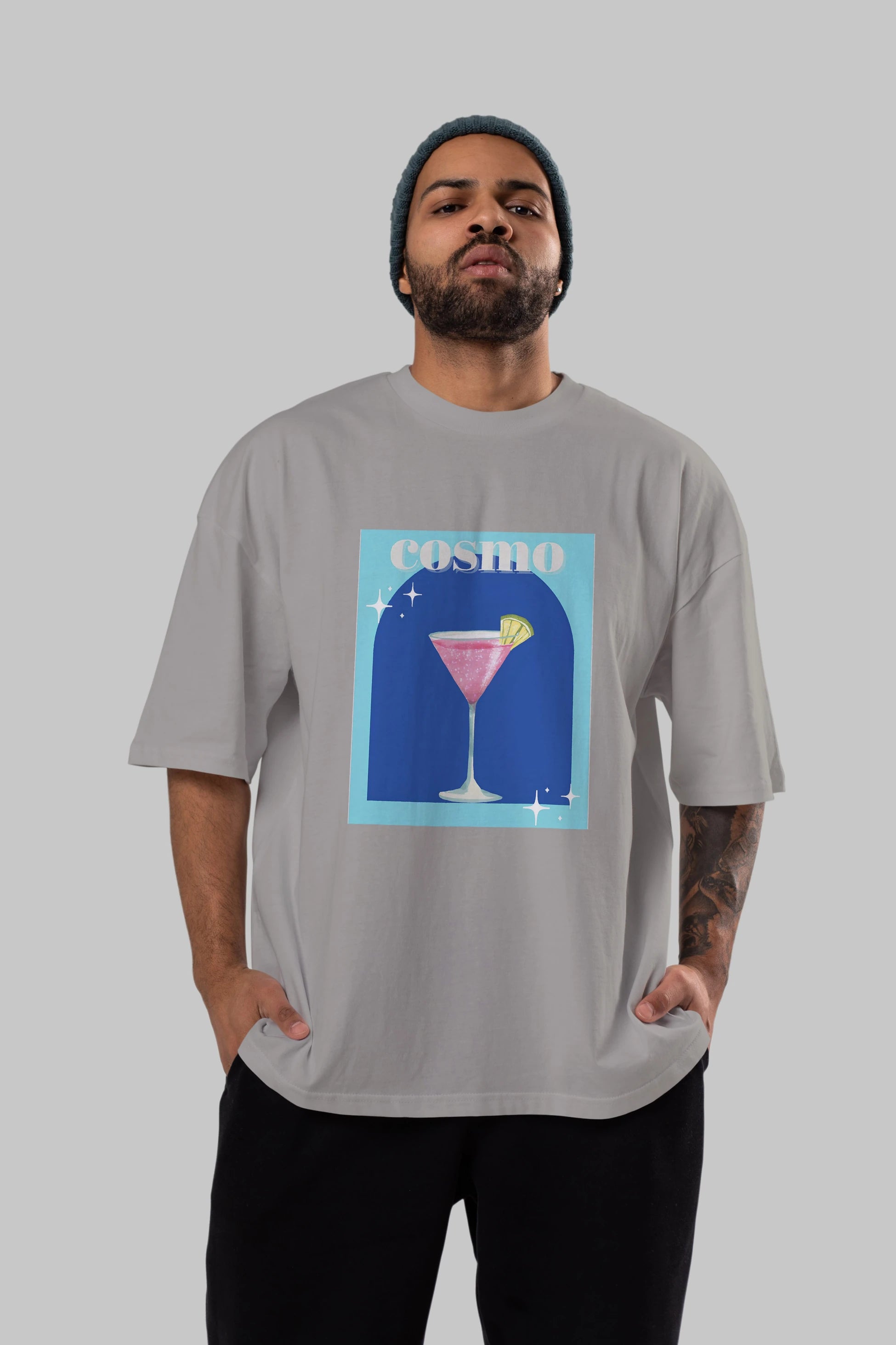 Cosmopolitan 2 Ön Baskılı Oversize t-shirt Erkek Kadın Unisex %100 Pamuk Bisiklet Yaka tişort