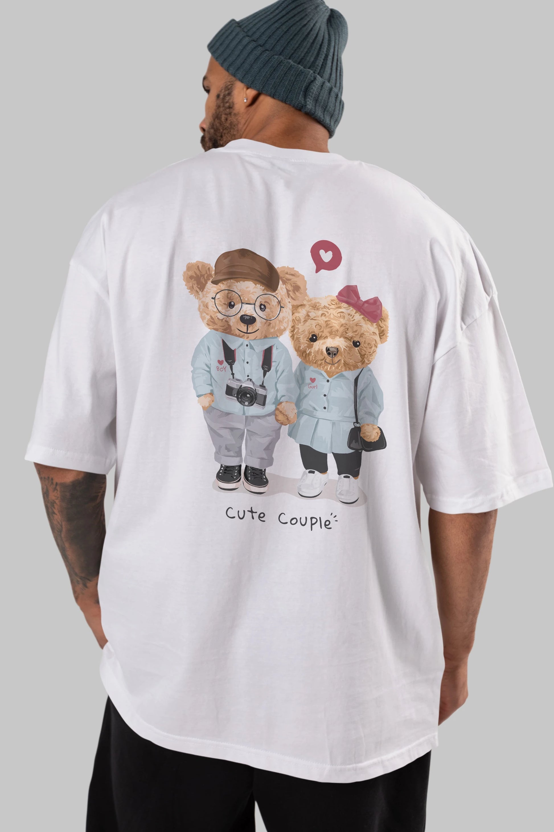 Teddy Bear Cute Couple Arka Baskılı Oversize t-shirt Erkek Kadın Unisex %100 Pamuk