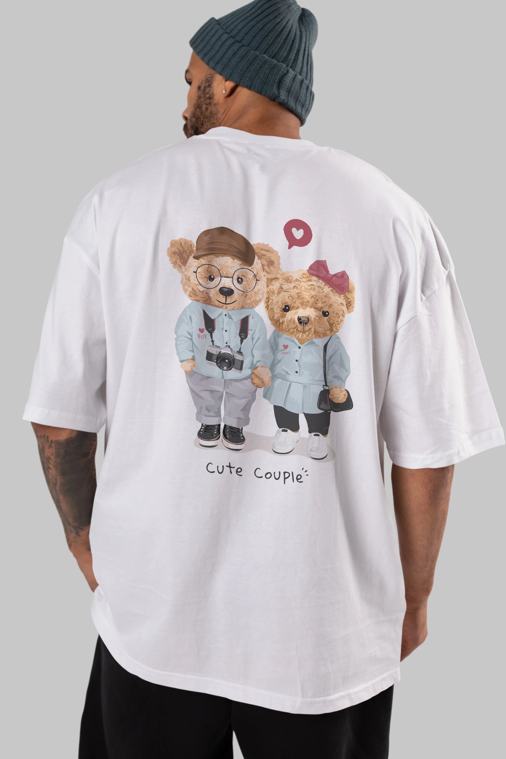 Teddy Bear Cute Couple Arka Baskılı Oversize t-shirt Erkek Kadın Unisex %100 Pamuk