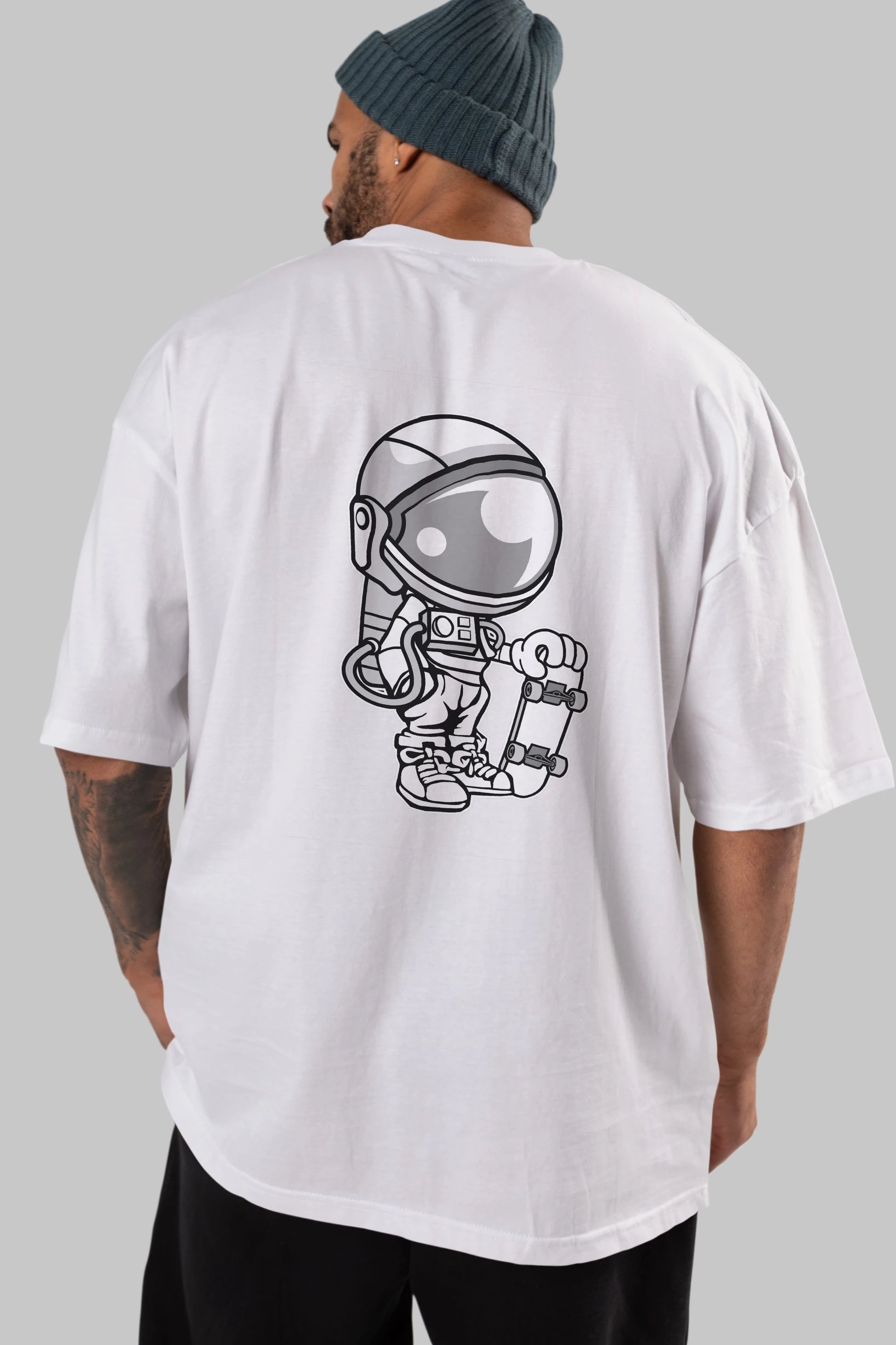 Astronaut Skaterboy Arka Baskılı Oversize t-shirt Erkek Kadın Unisex %100 Pamuk tişort