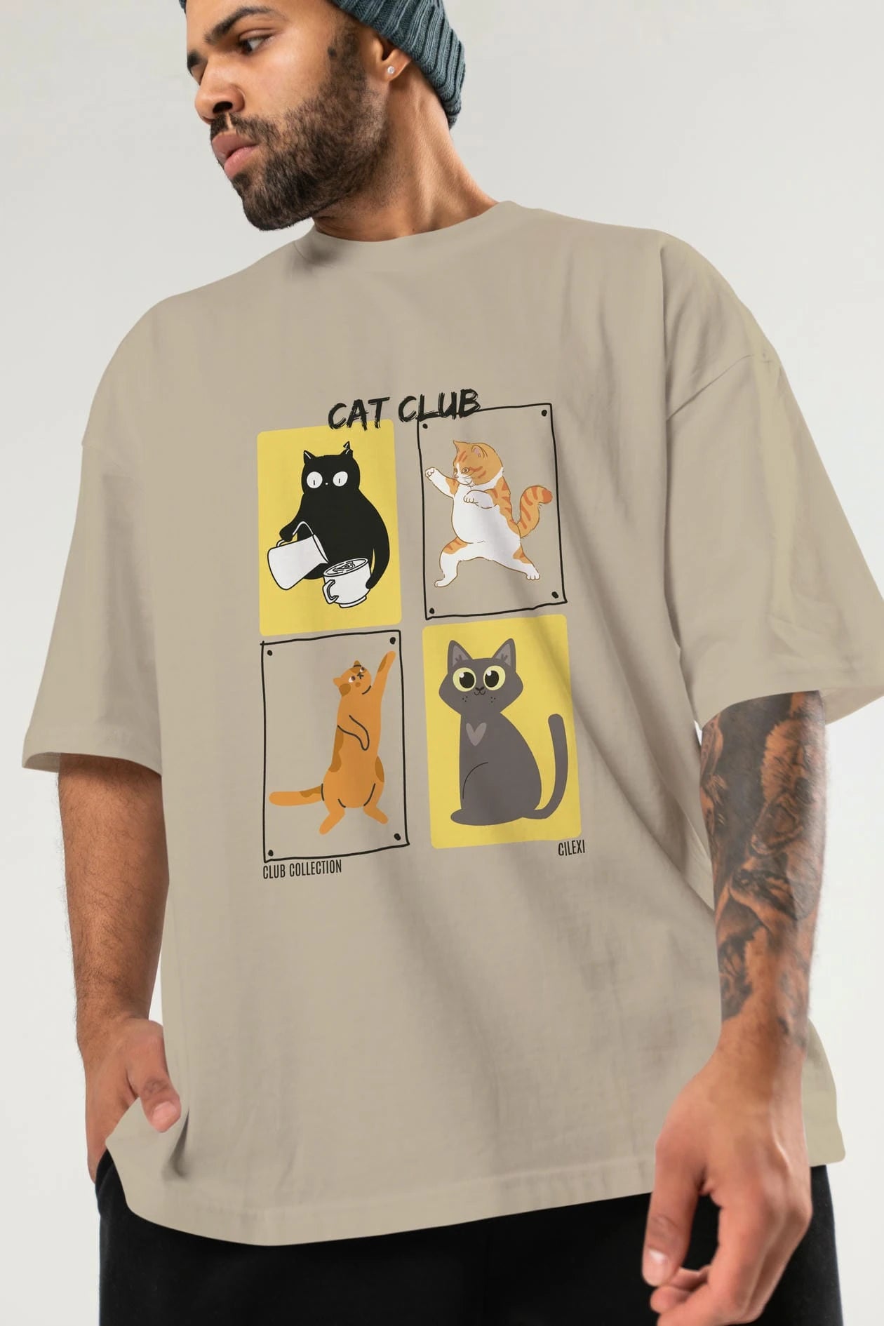 Cat Club ön Baskılı Oversize t-shirt Erkek Kadın %100 Pamuk Bisiklet Yaka tişort
