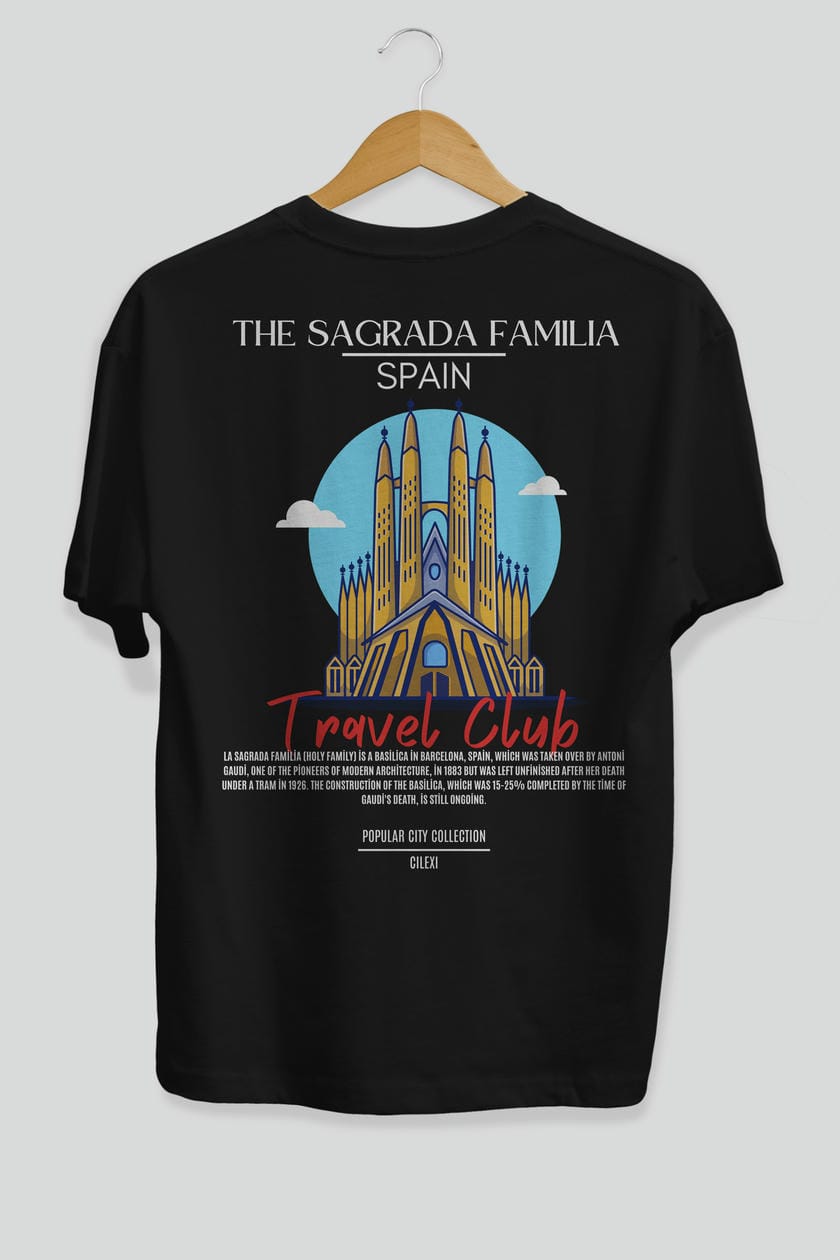 The Sagrada Familia Spain Arka Baskılı Oversize t-shirt Erkek Kadın Pamuk Bisiklet Yaka tişort