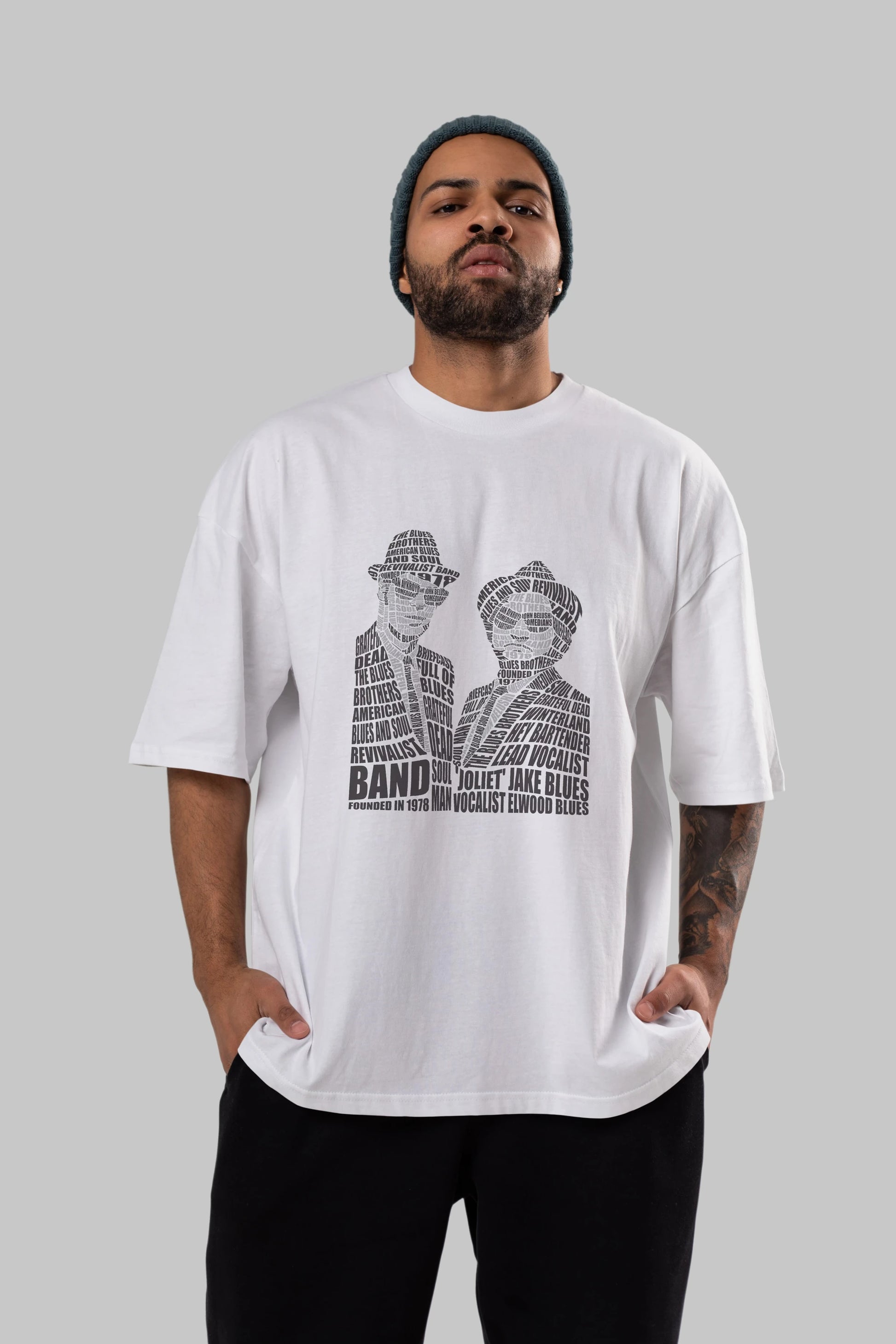 Blues Brothers Calligram Ön Baskılı Oversize t-shirt %100 pamuk Erkek Kadın Unisex