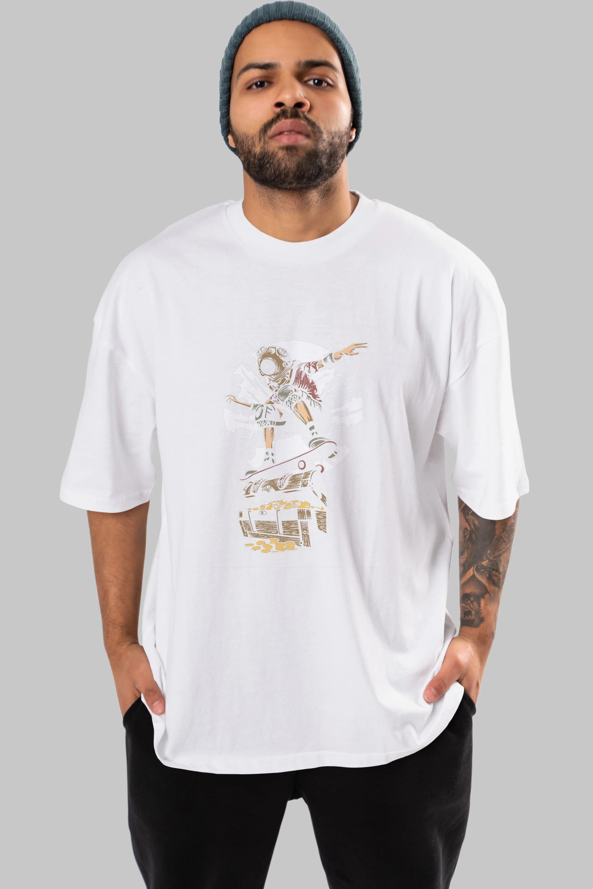 Diver Skater Treasure Ön Baskılı Oversize t-shirt Erkek Kadın Unisex %100 Pamuk tişort