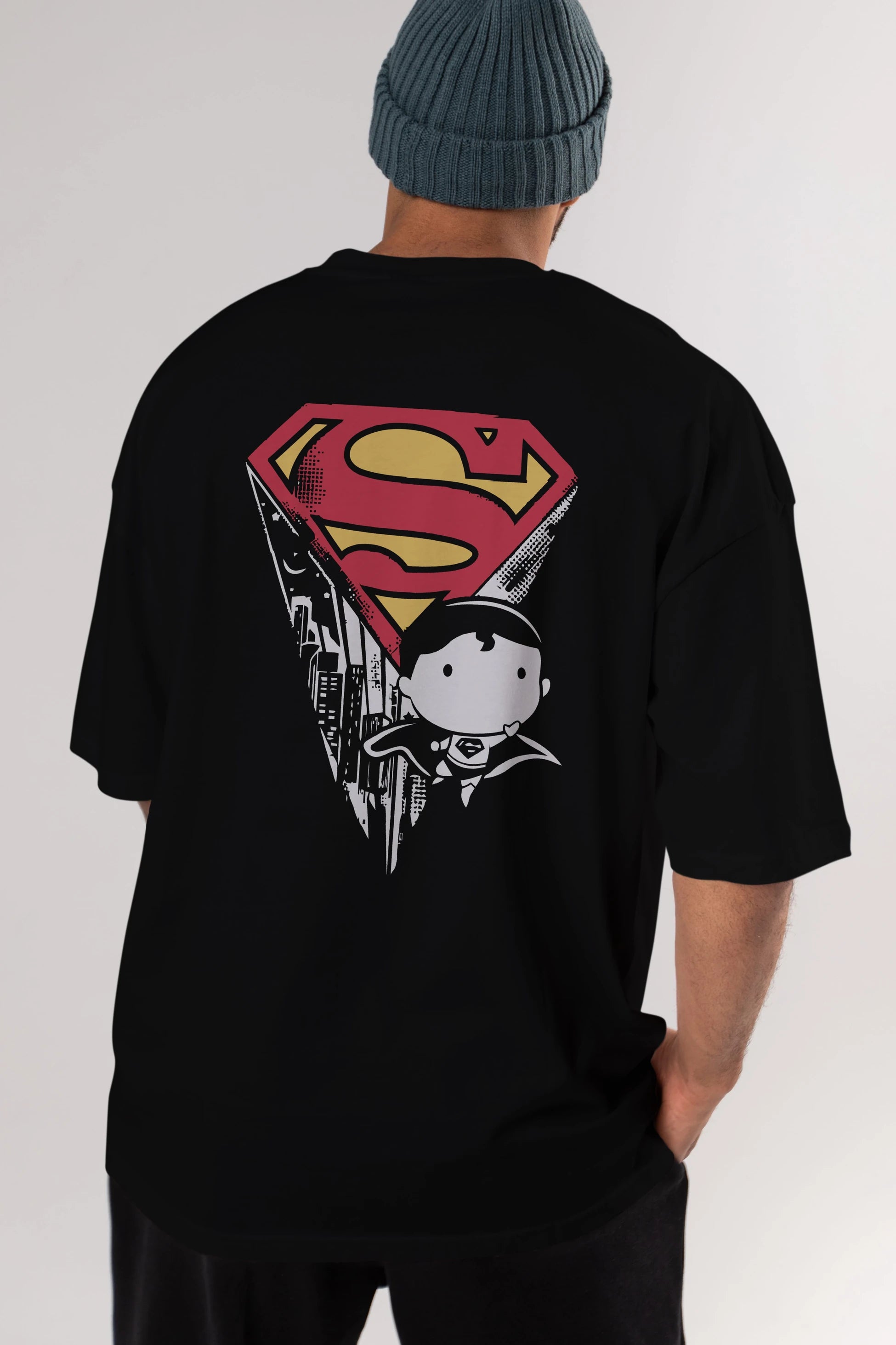 Superman Arka Baskılı Oversize t-shirt Erkek Kadın Unisex %100 Pamuk Bisiklet Yaka tişort