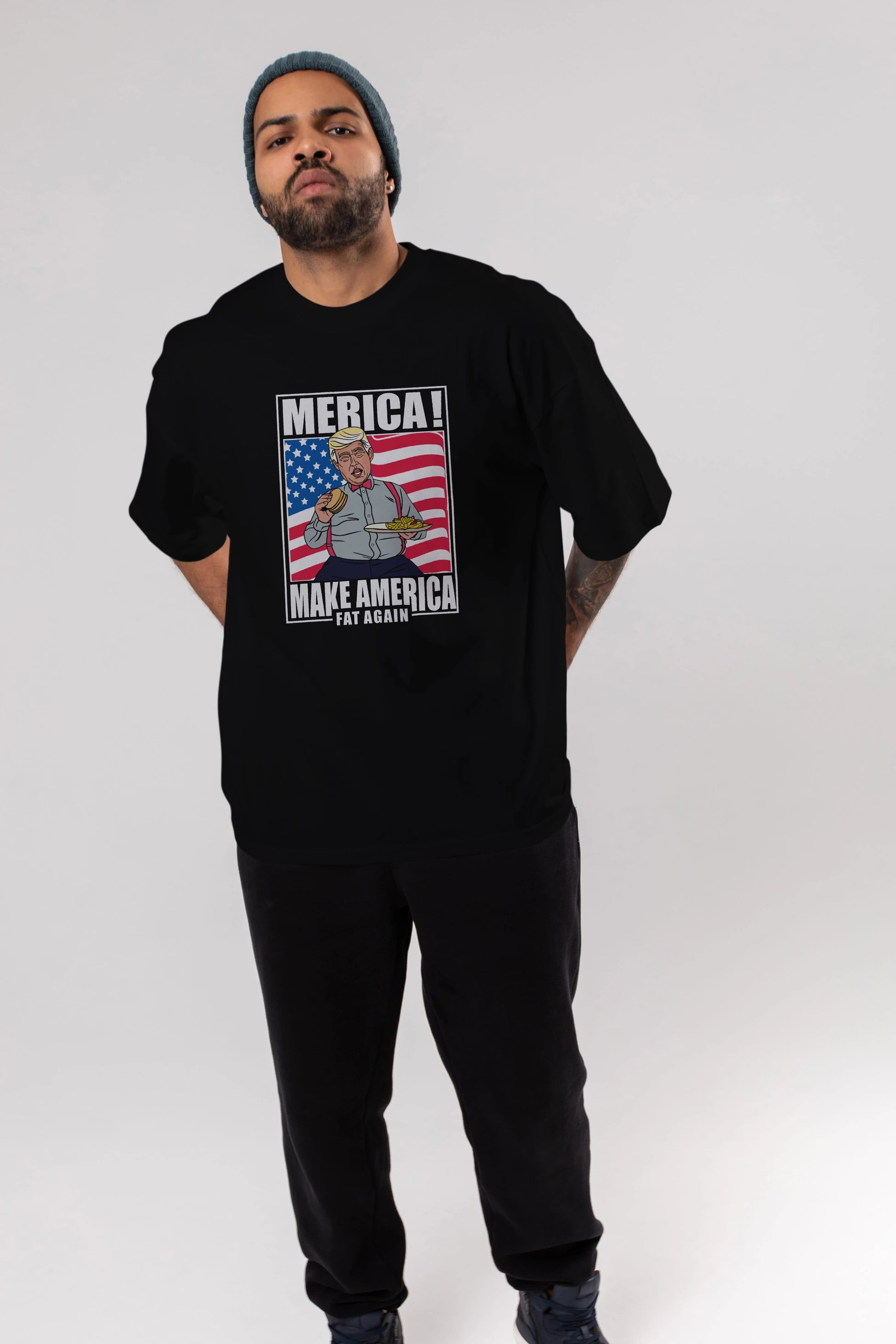 Trump Burger Ön Baskılı Oversize t-shirt Erkek Kadın Unisex %100 Pamuk tişort