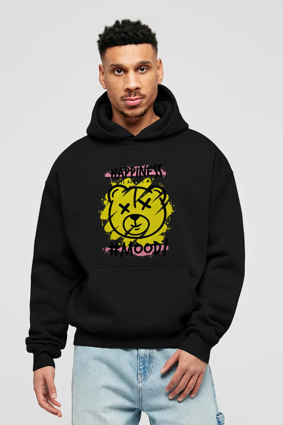 Happiness Mood Bear Ön Baskılı Hoodie Oversize Kapüşonlu Sweatshirt Erkek Kadın Unisex