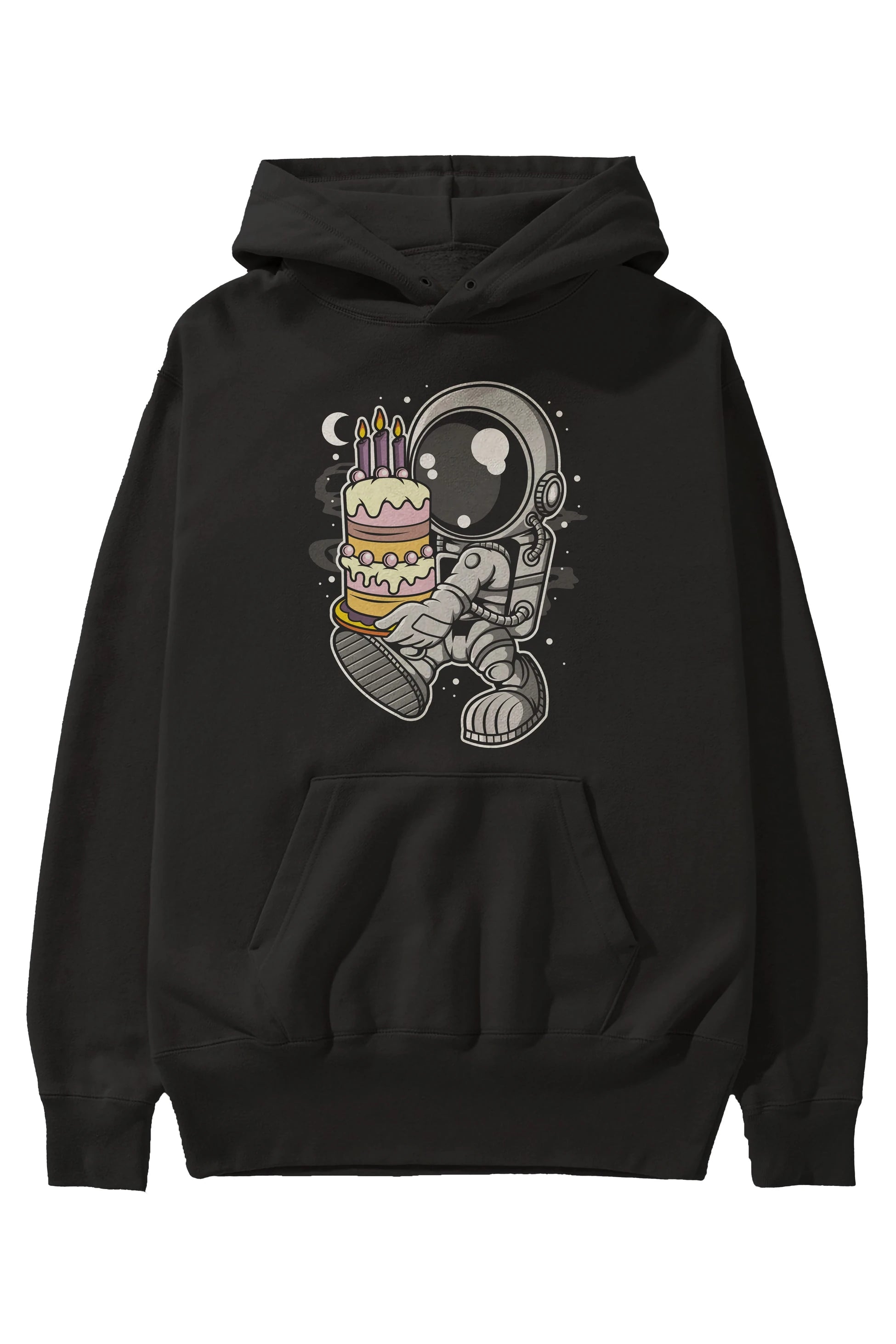 Astronaut Birthday Cake Ön Baskılı Hoodie Oversize Kapüşonlu Sweatshirt Erkek Kadın Unisex