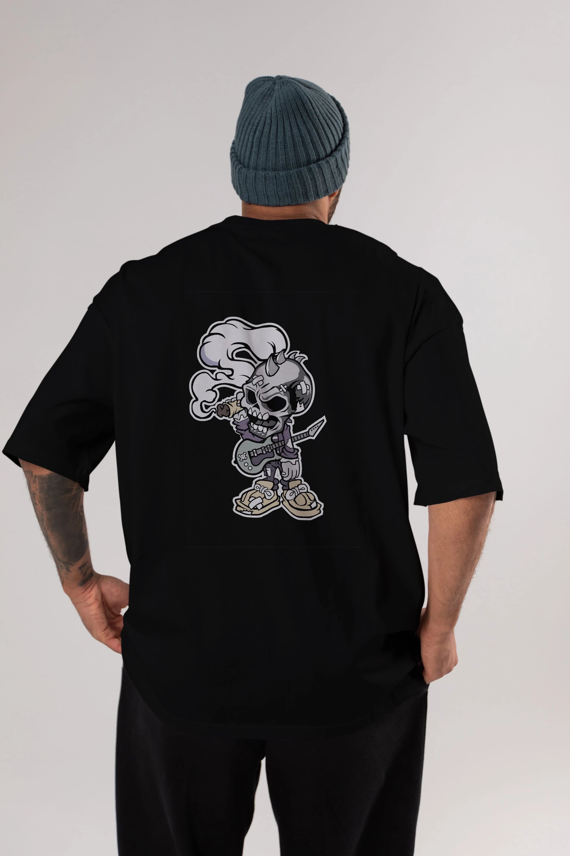 Skull Smoker Punk Rocker Arka Baskılı Oversize t-shirt Erkek Kadın Unisex %100 Pamuk tişort