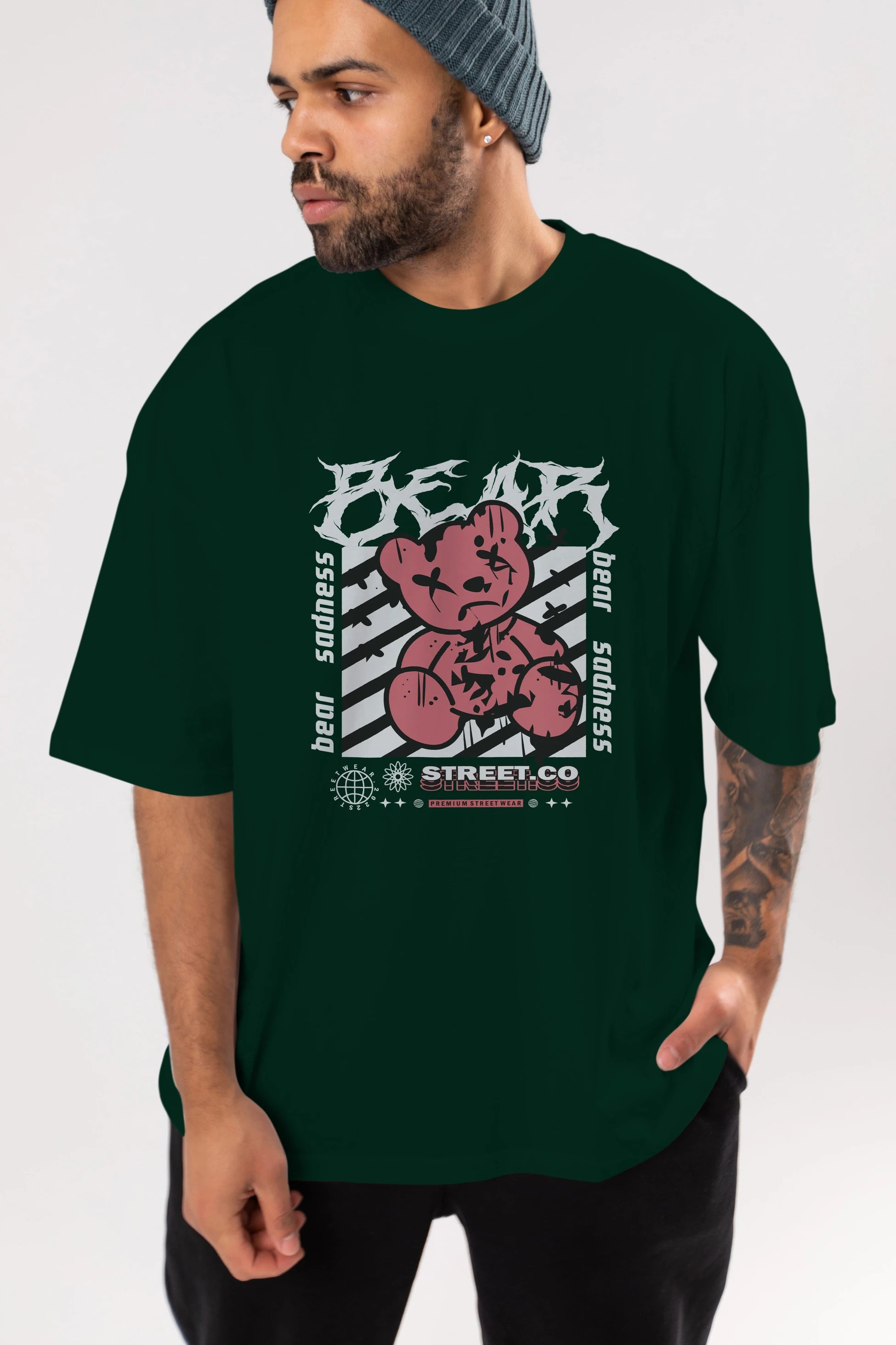 Bear Sadness Ön Baskılı Oversize t-shirt Erkek Kadın Unisex