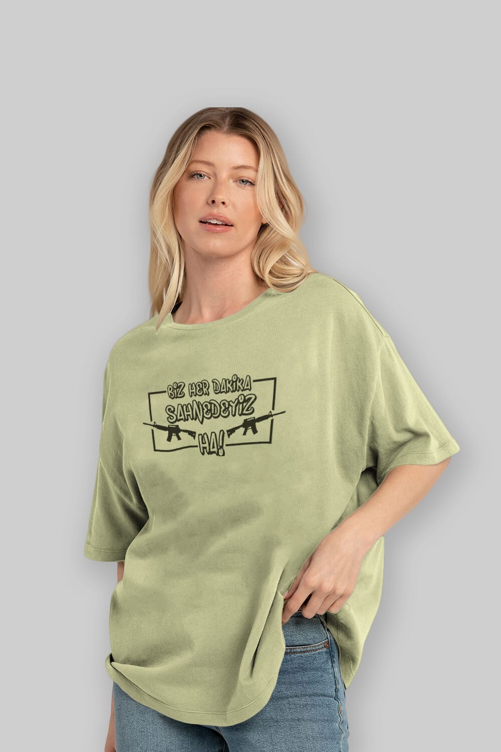 Biz Her Dakika Sahnedeyiz Ön Baskılı Oversize t-shirt %100 pamuk Erkek Kadın Unisex