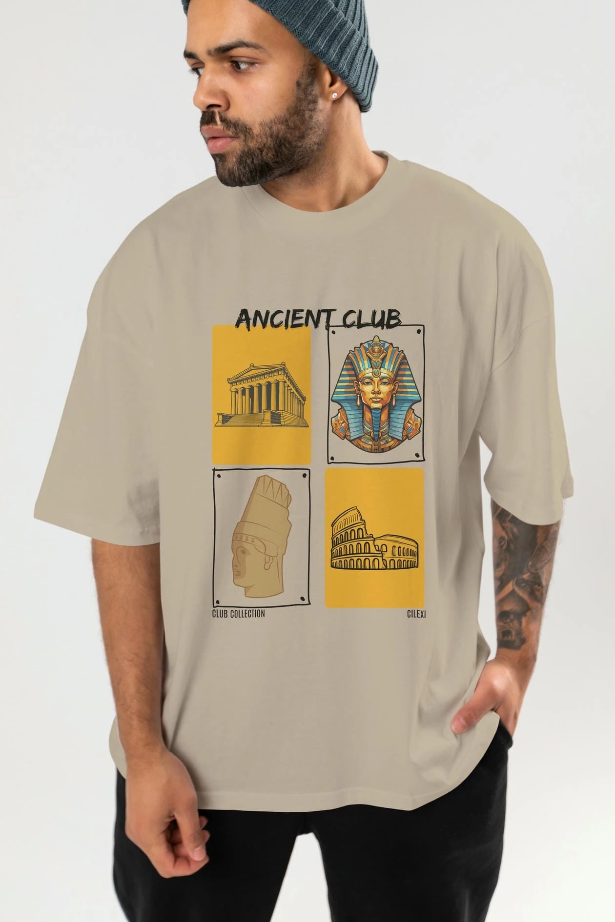 Ancient Club ön Baskılı Oversize t-shirt Erkek Kadın %100 Pamuk Bisiklet Yaka tişort