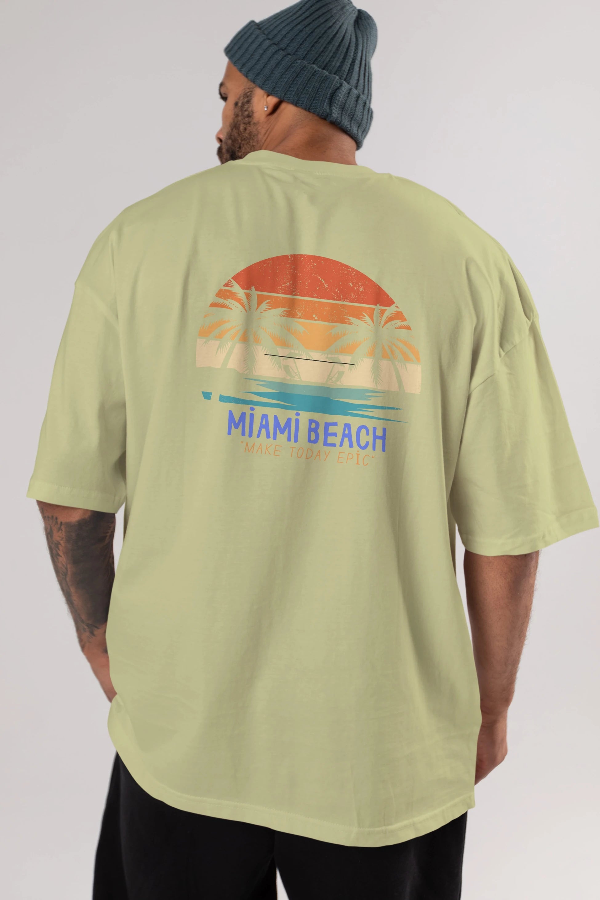 Miami Beach Yazılı Arka Baskılı Oversize t-shirt Erkek Kadın Unisex