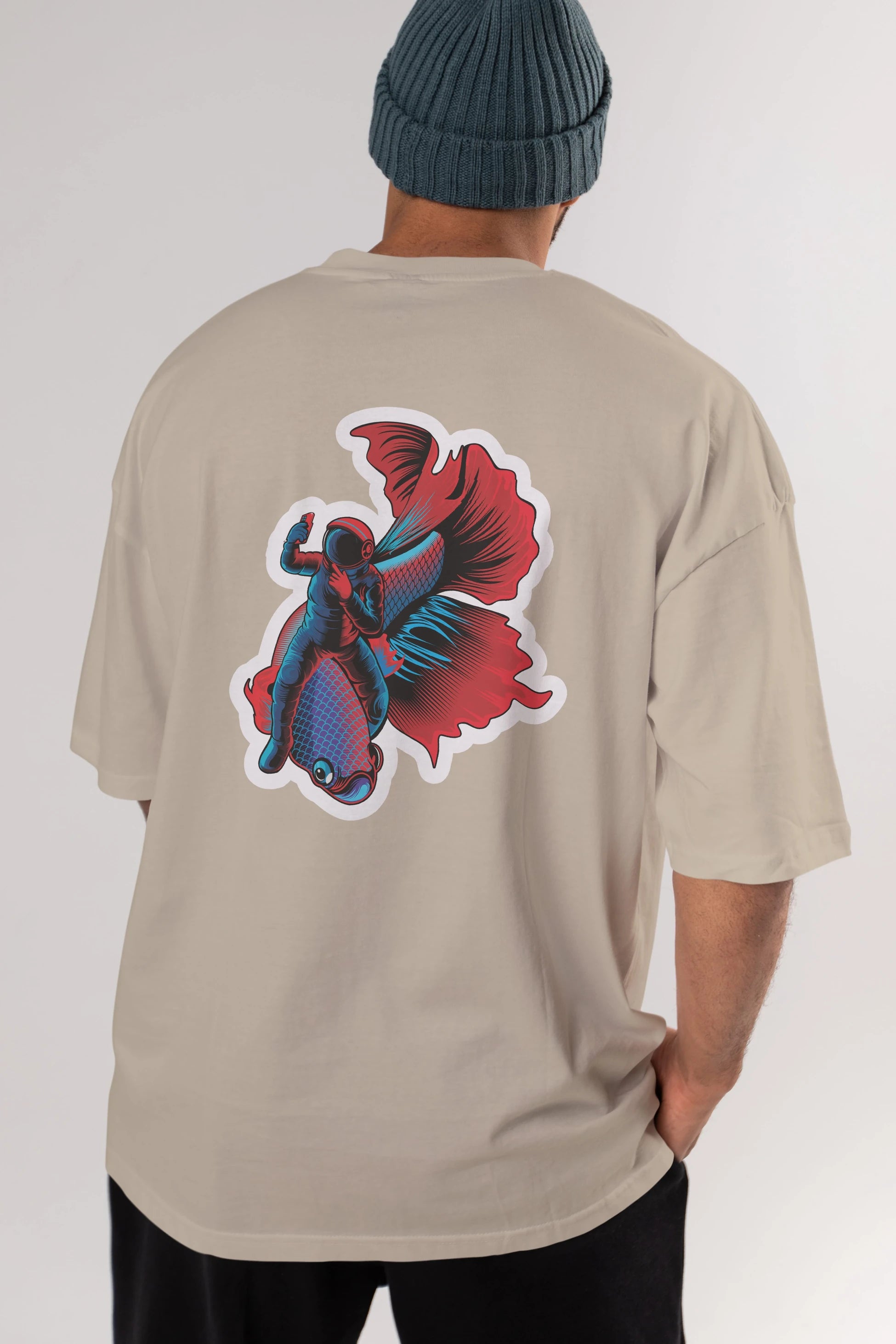 Astrofish selfie sticker Arka Baskılı Oversize t-shirt Erkek Kadın Unisex
