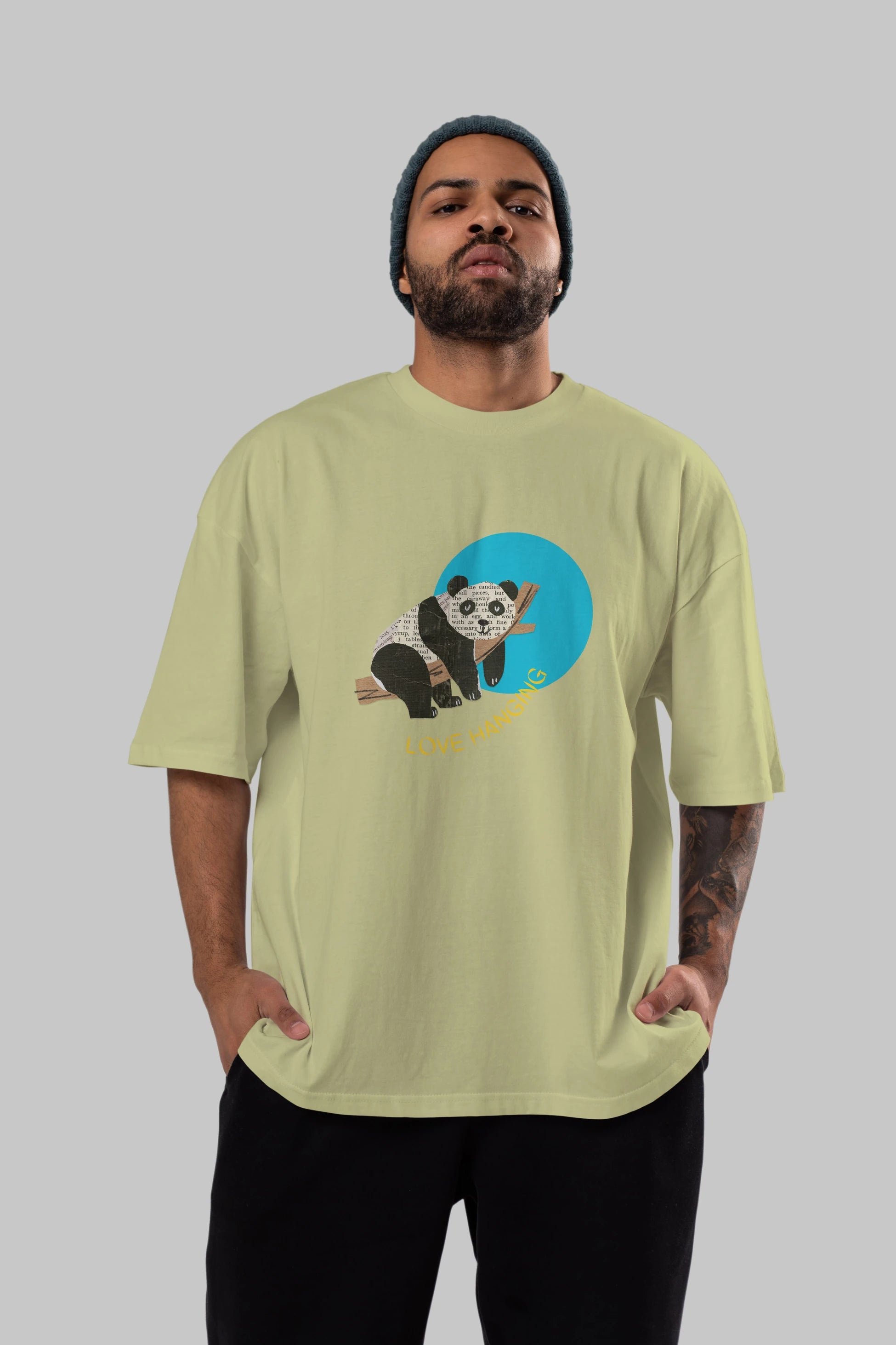 Panda Love Hanging Ön Baskılı Oversize t-shirt Erkek Kadın Unisex