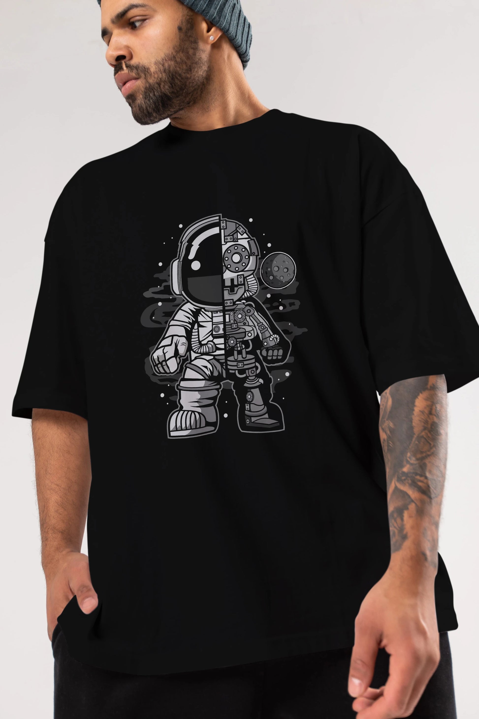 Astronaut Half Robot Ön Baskılı Oversize t-shirt Erkek Kadın Unisex